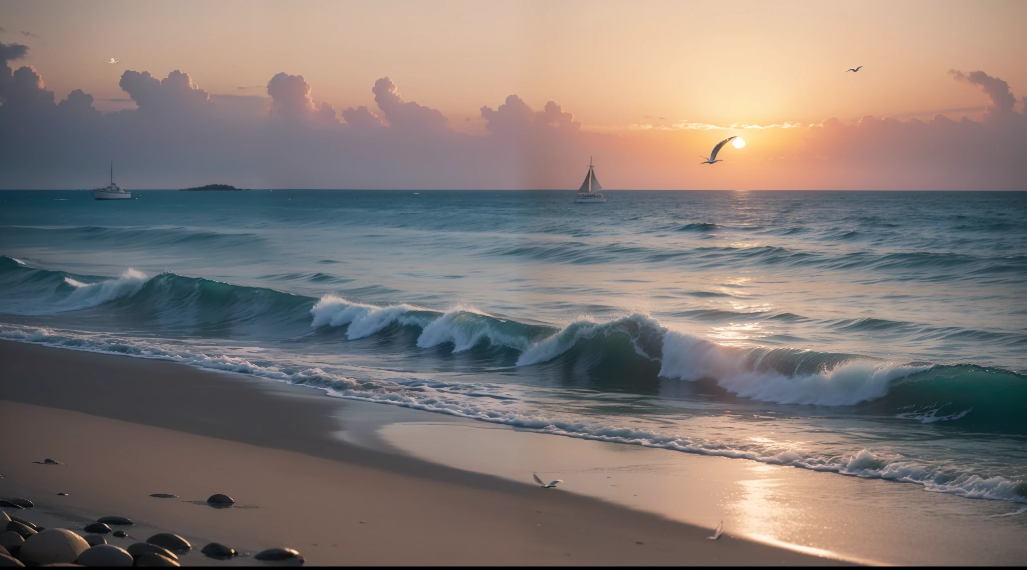 ((masterpiece)), (realistic), (sunset:1.2), (seascape:1.2), (colorful sky), (seagulls:1.1), (beach:1.1), (waves:1.1), (rocks:1.1), (boats:1.1), (reflection:1.2), (silhouette:1.2), (harbor:1.2), (peaceful:1.1), (serene:1.1), (tranquil:1.1), (calming:1.1), (harmonious:1.2),
The sun was setting over the horizon, painting the sky in a breathtaking array of colors. Shades of pink, orange, and yellow blended together to create a vibrant and colorful sky. Seagulls flew gracefully overhead, their wings casting shadows on the calm waters below. The beach was a peaceful and serene place, with waves gently lapping at the shore. Smooth rocks scattered along the coastline, providing a perfect spot for a quiet moment of reflection. Boats floated in the harbor, their masts creating silhouettes against the colorful sky. The reflection of the sky in the water created a harmonious and tranquil atmosphere. As the sun disappeared below the horizon, the sky turned darker, but the sense of calm remained, leaving a feeling of peacefulness and contentment.