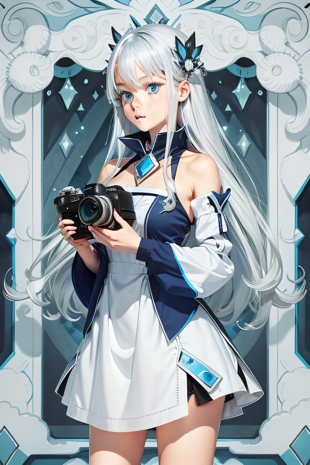 Silvery hair,blue color eyes,Two-dimensional girl,vivaciousness,Take a picture with your camera