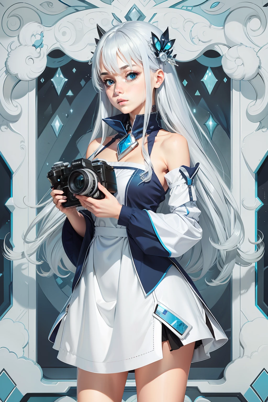 Silvery hair，blue color eyes，Two-dimensional girl，vivaciousness，Take a picture with your camera