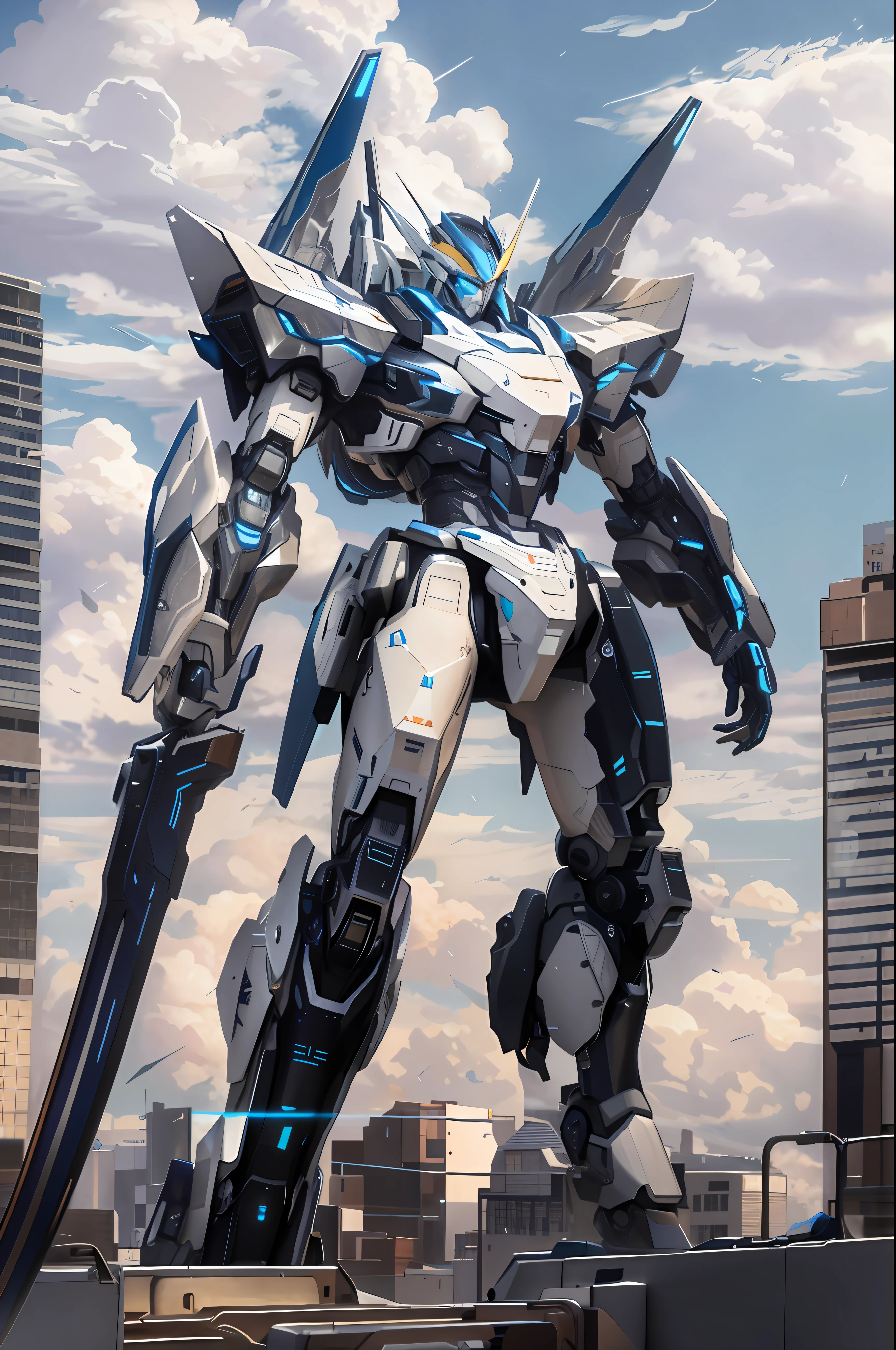 The Alafard robot stands on the roof,Holding a sword in hand, modern mecha anime, anime large mecha robot, mecha art, cool mecha style, mecha anime, Alexander Ferra Mecha, giant anime mecha, alexandre ferra white mecha, Mecha suit, Mecha Inspiration, Mecha warrior, armored core style mecha,Blue mech