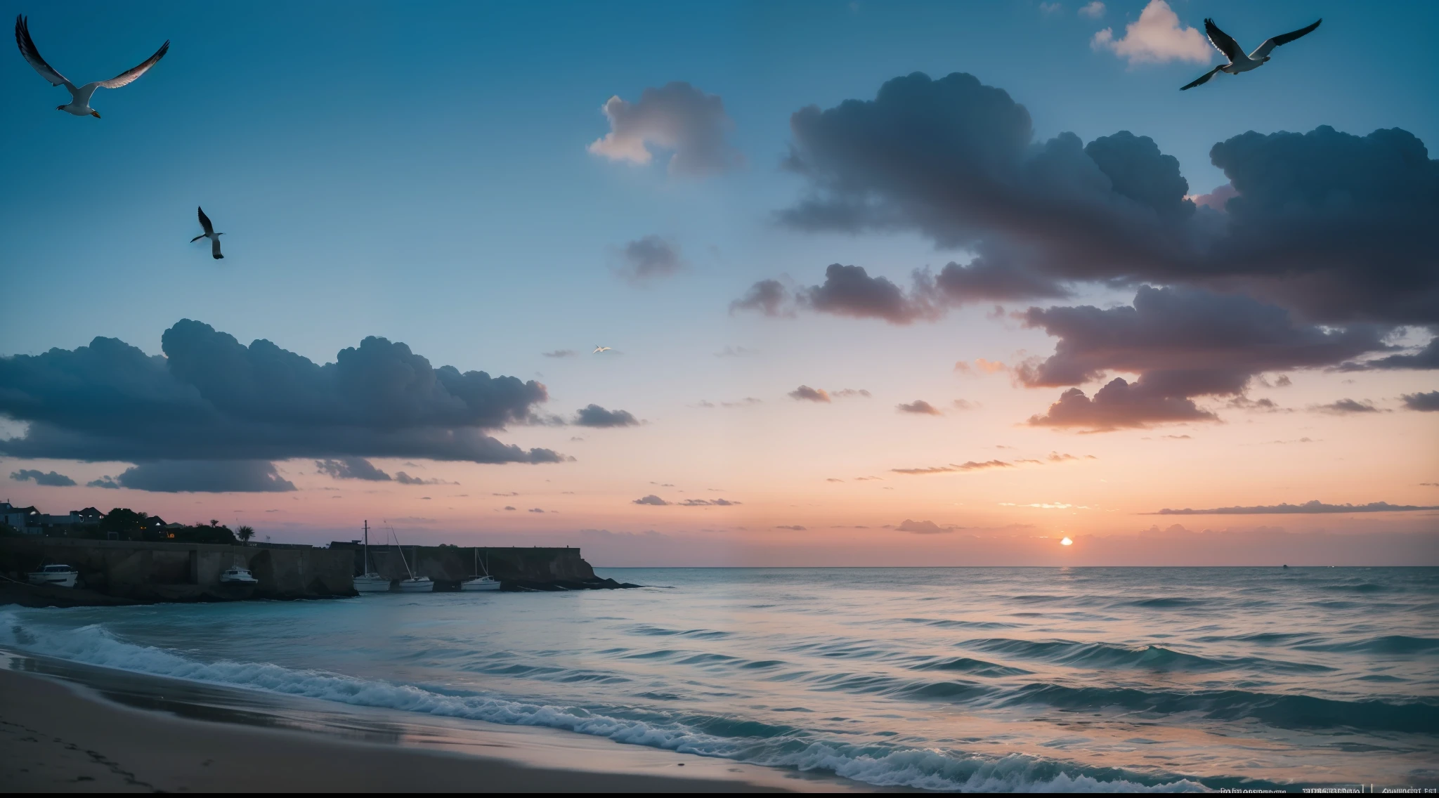 ((masterpiece)), (realistic), (sunset:1.2), (seascape:1.2), (colorful sky), (seagulls:1.1), (beach:1.1), (waves:1.1), (rocks:1.1), (boats:1.1), (reflection:1.2), (silhouette:1.2), (harbor:1.2), (peaceful:1.1), (serene:1.1), (tranquil:1.1), (calming:1.1), (harmonious:1.2),
The sun was setting over the horizon, painting the sky in a breathtaking array of colors. Shades of pink, orange, and yellow blended together to create a vibrant and colorful sky. Seagulls flew gracefully overhead, their wings casting shadows on the calm waters below. The beach was a peaceful and serene place, with waves gently lapping at the shore. Smooth rocks scattered along the coastline, providing a perfect spot for a quiet moment of reflection. Boats floated in the harbor, their masts creating silhouettes against the colorful sky. The reflection of the sky in the water created a harmonious and tranquil atmosphere. As the sun disappeared below the horizon, the sky turned darker, but the sense of calm remained, leaving a feeling of peacefulness and contentment.
