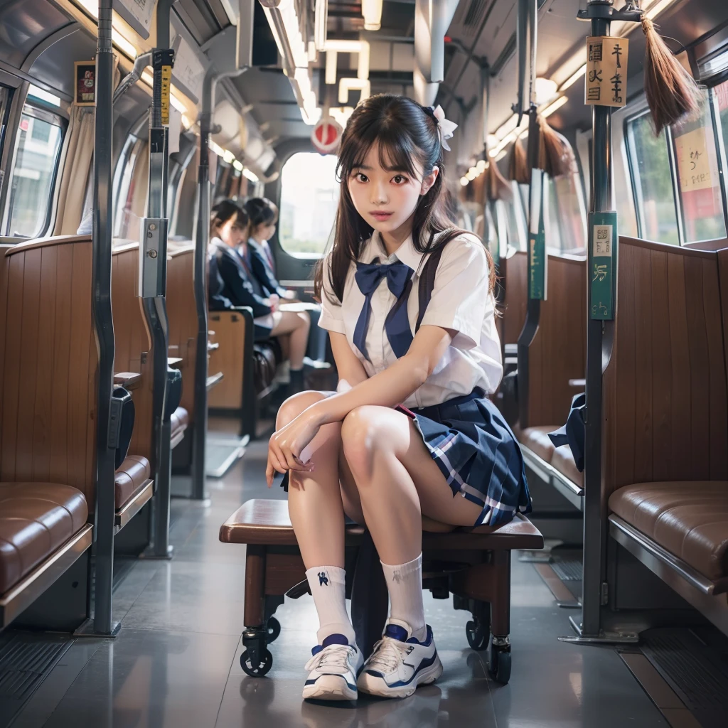 arafed asian woman in a short skirt and bow tie, half squat on a train, cute schoolgirl, japanese girl school uniform, wearing japanese school uniform, japanese school uniform, a hyperrealistic schoolgirl, dressed as schoolgirl, hyperrealistic schoolgirl, wearing school uniform, realistic schoolgirl, girl wearing uniform, wearing a school uniform, of a schoolgirl posing, full body, nice skin, glowing skin, nice thighs,glowing thighs, glowing legs