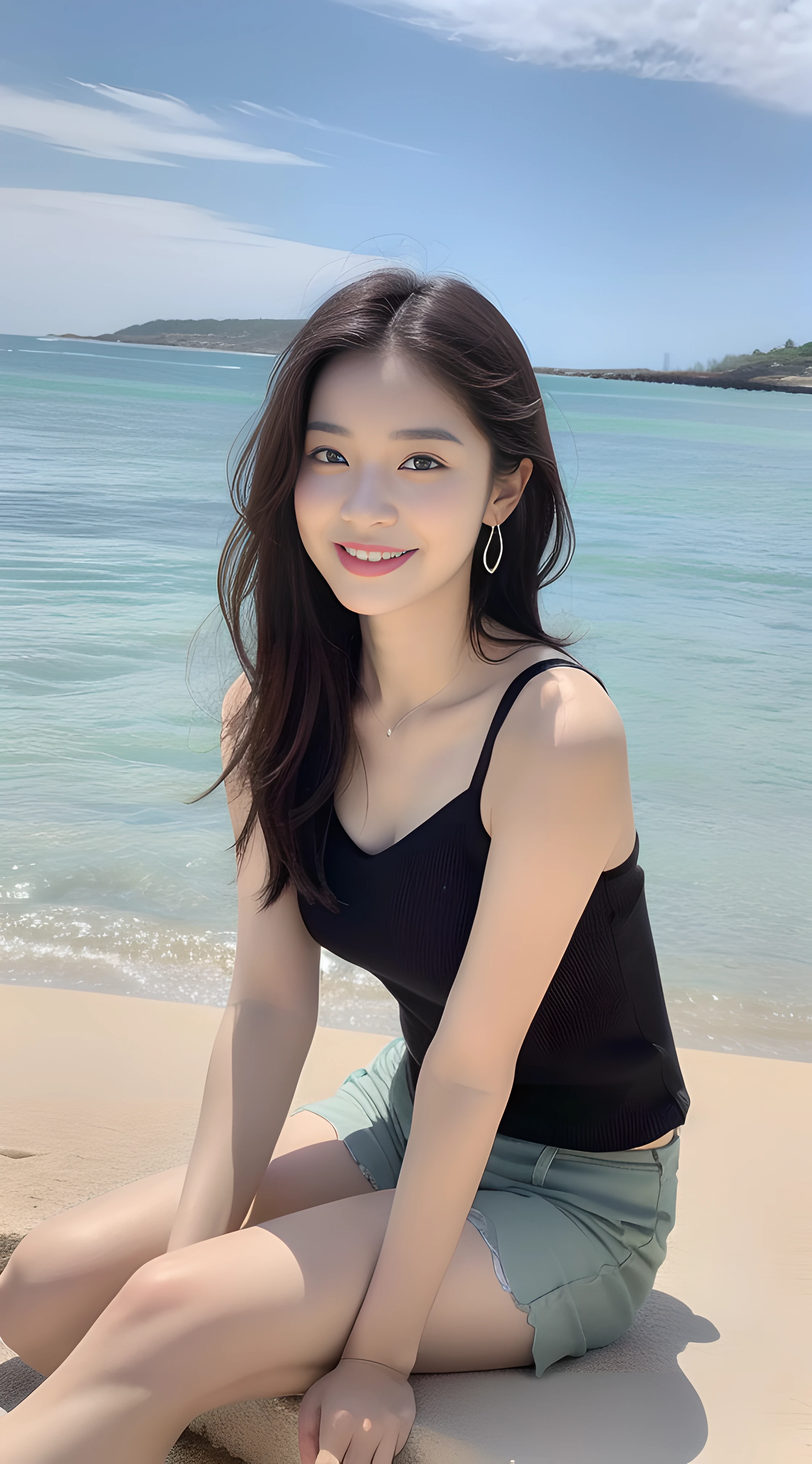 a young, Beautiful and lovely 18 year old girl,,Extremely beautiful and delicate,Black color hair,Pouting and smiling,Delicate and beautiful fair skin,Realistic and realistic,exquisite and complete facial features,Detailed depiction of the face,tall nose bridge,Smooth hair,extremely detail hair,Feminine temperament,Tall and tall,Thin,Realiy,White teeth,Tied up with hair,Hyper-realism,sandals,full body shot shot,Forward tilt angle,Extreme picture quality,Highest precision,Precise and perfect human anatomy。The sky is gloomy,(Chiffon shorts,sleeveless tops)(telephoto shot,)Express the landscape,Highlight portrait。Sitting on the beach by the sea。Wearing earrings。Upper body photo