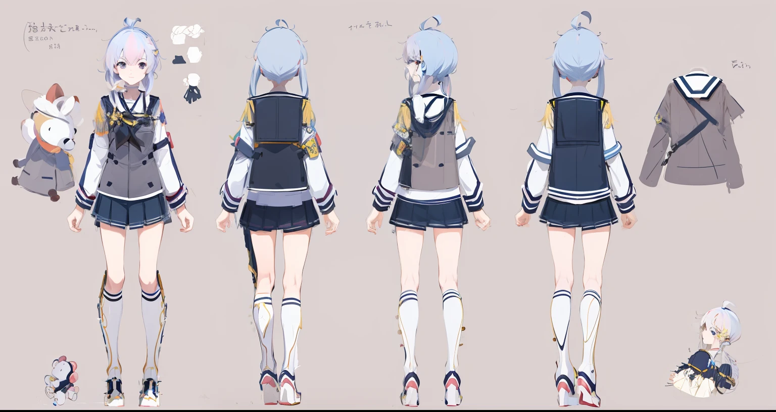 Anime character design of girl in uniform holding teddy bear, anime character reference sheet, anime character design, anime set style, pretty anime character design, [ Character Design ], full body character design, anime concept art, full body concept, Kantai Collection Style, anime full body illustration, detailed full body concept art, detailed full-body concept