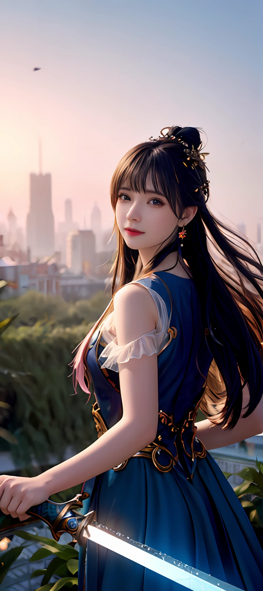 realisticity: 1.2), best quality, masterpiece, highres, cg, 1girl, weapon, sword, long hair, dress, water, solo, jewelry, blue dress, earrings, hair ornament, splashing, upper body super realistis, hair bun, blue and pink hair, city backgraun realistis, lighting,candid, Photograph, high resolution, 8k, 10k, Bokeh,