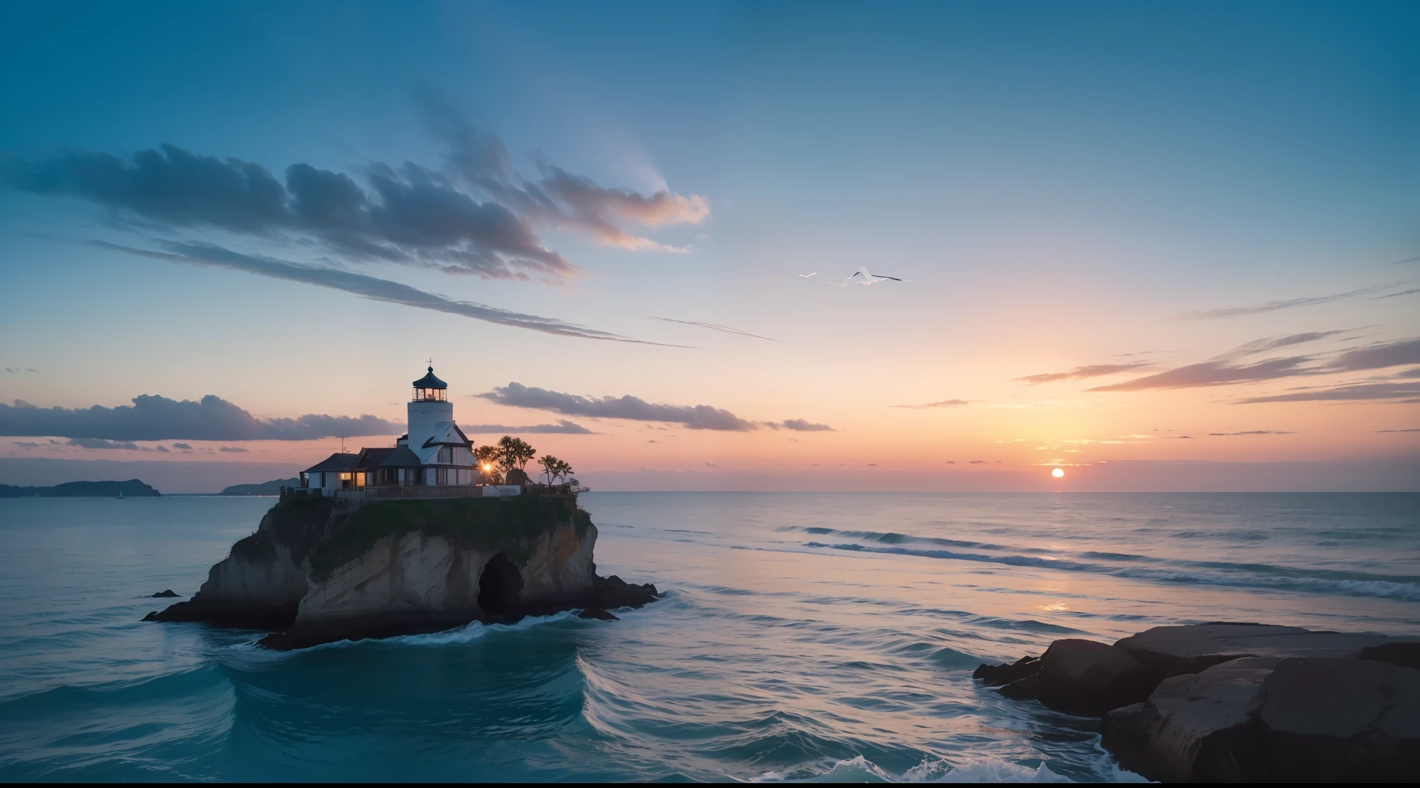 ((masterpiece)), (realistic), (sunset:1.2), (seascape:1.2), (colorful sky), (seagulls:1.1), (beach:1.1), (waves:1.1), (rocks:1.1), (boats:1.1), (reflection:1.2), (silhouette:1.2), (harbor:1.2), (peaceful:1.1), (serene:1.1), (tranquil:1.1), (calming:1.1), (harmonious:1.2),
The sun was setting over the horizon, painting the sky in a breathtaking array of colors. Shades of pink, orange, and yellow blended together to create a vibrant and colorful sky. Seagulls flew gracefully overhead, their wings casting shadows on the calm waters below. The beach was a peaceful and serene place, with waves gently lapping at the shore. Smooth rocks scattered along the coastline, providing a perfect spot for a quiet moment of reflection. Boats floated in the harbor, their masts creating silhouettes against the colorful sky. The reflection of the sky in the water created a harmonious and tranquil atmosphere. As the sun disappeared below the horizon, the sky turned darker, but the sense of calm remained, leaving a feeling of peacefulness and contentment.