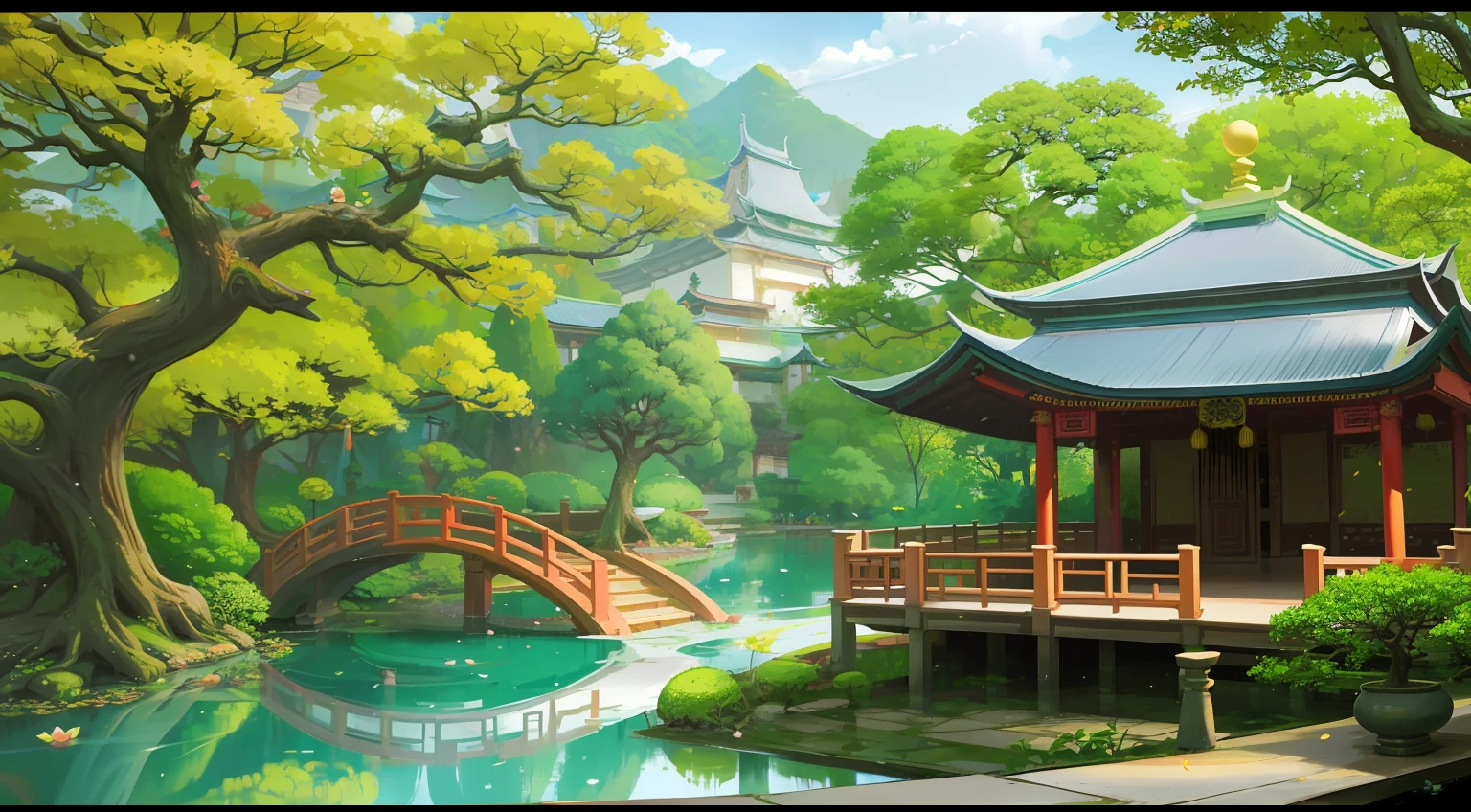 Garden ancient，Peach tree，China-style，Chinese painting style，lotuses，poetry，Antique，Beautiful，small bridge flowing water，big trees，ancient buildings，Pavilions，landscape，Jiangnan Water Town，bru，lake，Back garden，rockery，garden landscape，Da --auto