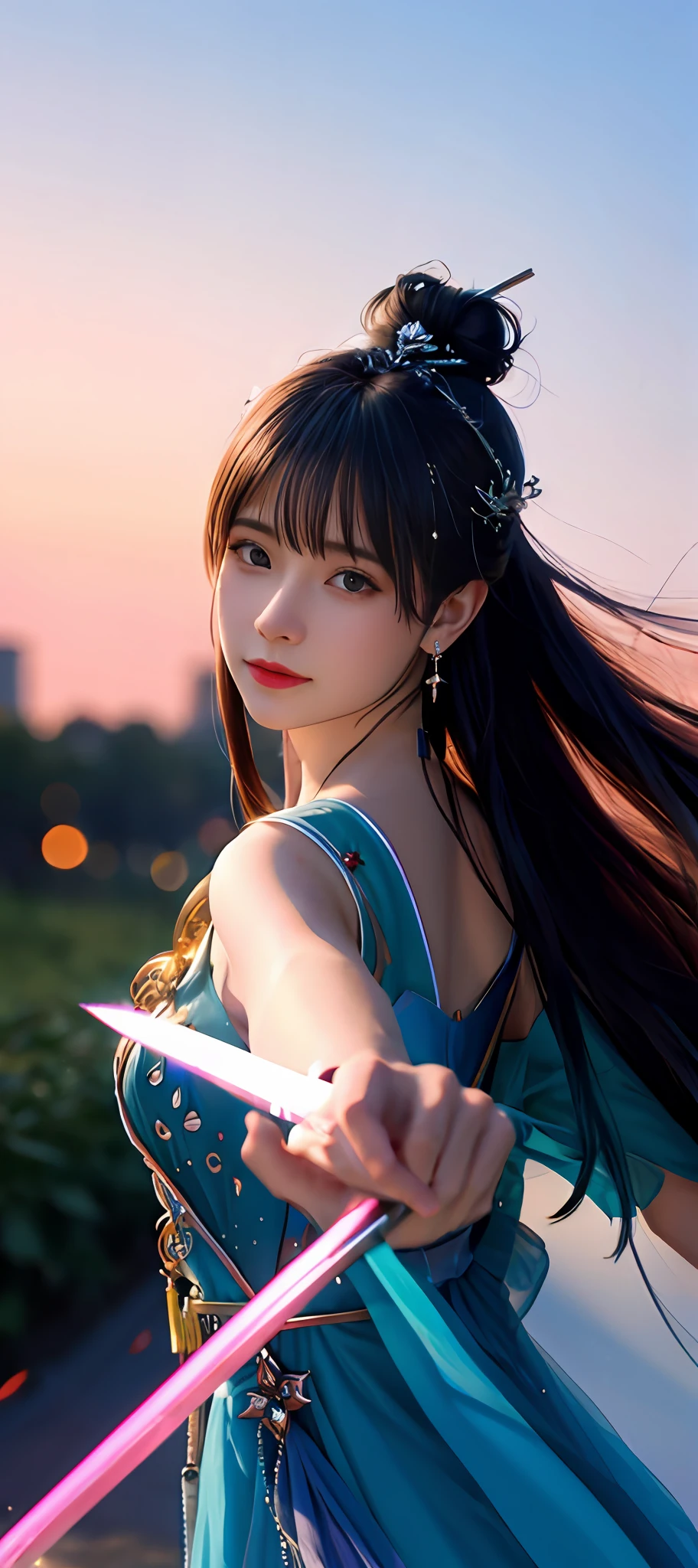 realisticity: 1.2), best quality, masterpiece, highres, cg, 1girl, weapon, sword, long hair, dress, water, solo, jewelry, blue dress, earrings, hair ornament, splashing, upper body super realistis, hair bun, blue and pink hair, city backgraun realistis, lighting,candid, Photograph, high resolution, 8k, 10k, Bokeh,