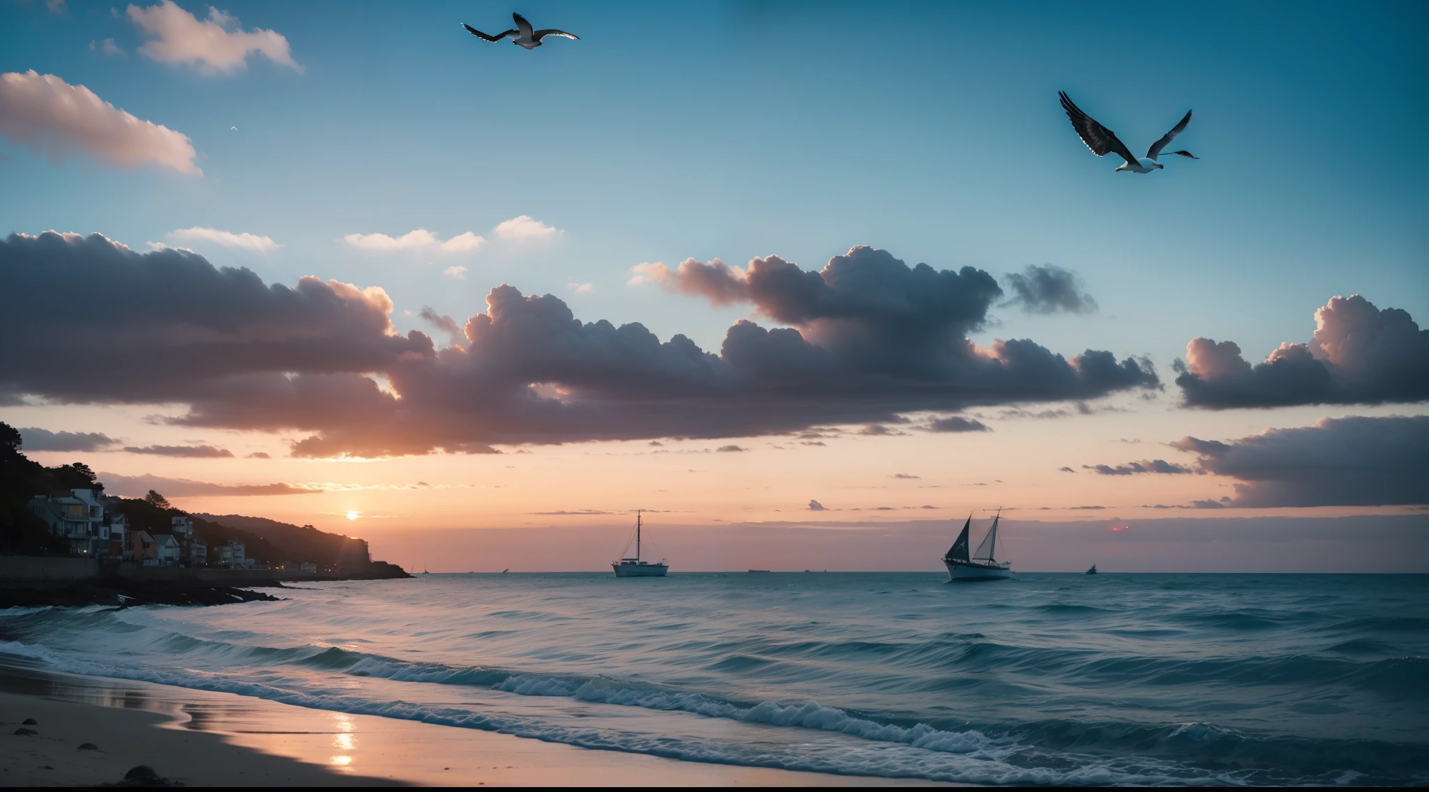 ((masterpiece)), (realistic), (sunset:1.2), (seascape:1.2), (colorful sky), (seagulls:1.1), (beach:1.1), (waves:1.1), (rocks:1.1), (boats:1.1), (reflection:1.2), (silhouette:1.2), (harbor:1.2), (peaceful:1.1), (serene:1.1), (tranquil:1.1), (calming:1.1), (harmonious:1.2),
The sun was setting over the horizon, painting the sky in a breathtaking array of colors. Shades of pink, orange, and yellow blended together to create a vibrant and colorful sky. Seagulls flew gracefully overhead, their wings casting shadows on the calm waters below. The beach was a peaceful and serene place, with waves gently lapping at the shore. Smooth rocks scattered along the coastline, providing a perfect spot for a quiet moment of reflection. Boats floated in the harbor, their masts creating silhouettes against the colorful sky. The reflection of the sky in the water created a harmonious and tranquil atmosphere. As the sun disappeared below the horizon, the sky turned darker, but the sense of calm remained, leaving a feeling of peacefulness and contentment.
