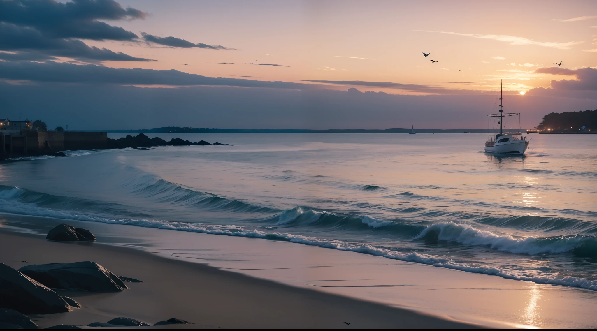 ((masterpiece)), (realistic), (sunset:1.2), (seascape:1.2), (colorful sky), (seagulls:1.1), (beach:1.1), (waves:1.1), (rocks:1.1), (boats:1.1), (reflection:1.2), (silhouette:1.2), (harbor:1.2), (peaceful:1.1), (serene:1.1), (tranquil:1.1), (calming:1.1), (harmonious:1.2),
The sun was setting over the horizon, painting the sky in a breathtaking array of colors. Shades of pink, orange, and yellow blended together to create a vibrant and colorful sky. Seagulls flew gracefully overhead, their wings casting shadows on the calm waters below. The beach was a peaceful and serene place, with waves gently lapping at the shore. Smooth rocks scattered along the coastline, providing a perfect spot for a quiet moment of reflection. Boats floated in the harbor, their masts creating silhouettes against the colorful sky. The reflection of the sky in the water created a harmonious and tranquil atmosphere. As the sun disappeared below the horizon, the sky turned darker, but the sense of calm remained, leaving a feeling of peacefulness and contentment.