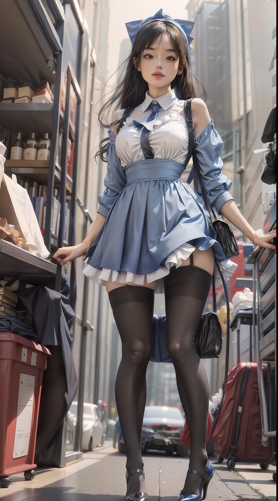 (Full body shot ：2), （Full Focus：1.3）， girlfriend,The character wears a blue and white knee-length skirt， Satin clothing，High-heeled leather shoes,， long leges,, Heavy makeup, A shallow laugh, Must show your face, Must have stockings, Stocking tights, hyper HD, Ray traching, structurally correct, anatomy correct, Award-Awarded, High detail, Chiaroscuro, Cinematic lighting, Masterpiece, Super detail, High quality, High details, Best quality, 16k