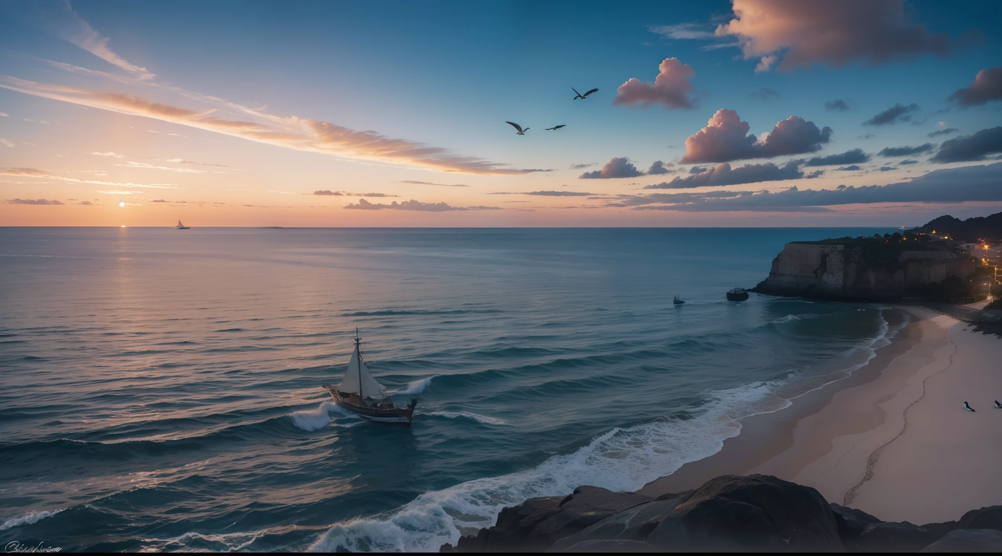 ((masterpiece)), (realistic), (sunset:1.2), (seascape:1.2), (colorful sky), (seagulls:1.1), (beach:1.1), (waves:1.1), (rocks:1.1), (boats:1.1), (reflection:1.2), (silhouette:1.2), (harbor:1.2), (peaceful:1.1), (serene:1.1), (tranquil:1.1), (calming:1.1), (harmonious:1.2),
The sun was setting over the horizon, painting the sky in a breathtaking array of colors. Shades of pink, orange, and yellow blended together to create a vibrant and colorful sky. Seagulls flew gracefully overhead, their wings casting shadows on the calm waters below. The beach was a peaceful and serene place, with waves gently lapping at the shore. Smooth rocks scattered along the coastline, providing a perfect spot for a quiet moment of reflection. Boats floated in the harbor, their masts creating silhouettes against the colorful sky. The reflection of the sky in the water created a harmonious and tranquil atmosphere. As the sun disappeared below the horizon, the sky turned darker, but the sense of calm remained, leaving a feeling of peacefulness and contentment.