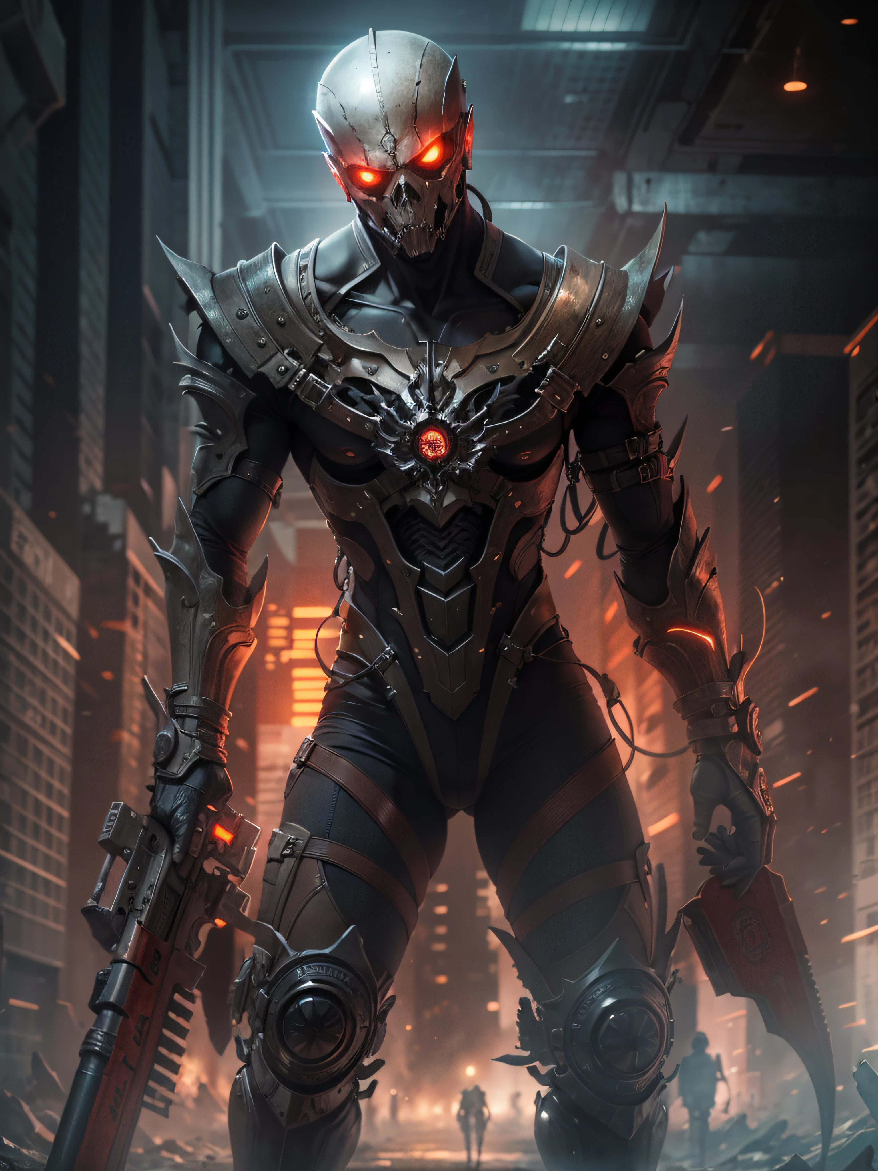"hell messenger holding a message with a mature and experienced appearance, holding evil intentions, displayed in a solo composition. The character has a closed mouth. Set against a sci-fi background with a realistic and dystopian atmosphere. The scene includes a scary and a straight-on perspective, enhanced by a glow and bloom effect. The character may also have a facial scar, adding to the overall futuristic vibe."