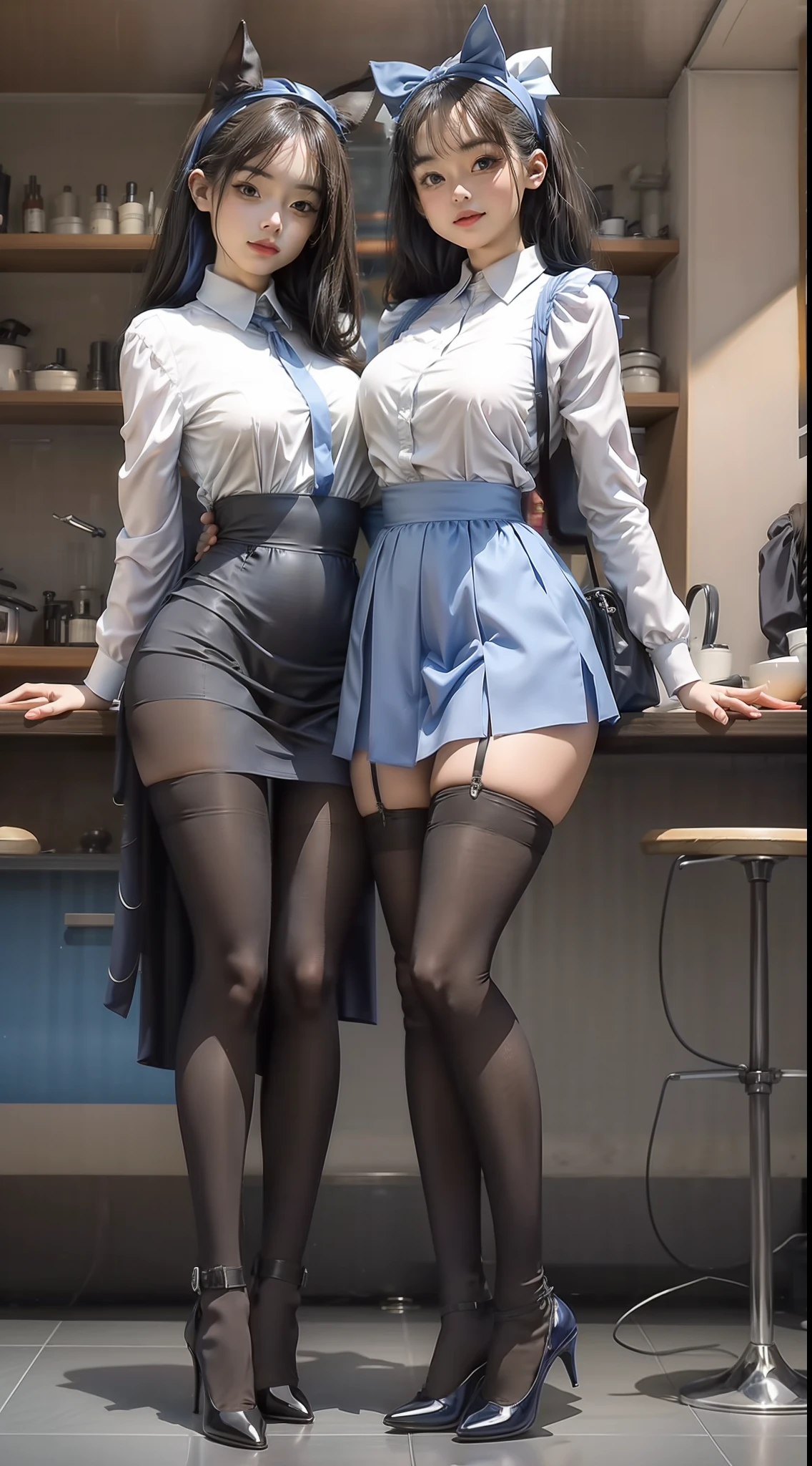 (Full body shot ：2), （Full Focus：1.3）， girlfriend,The character wears a blue and white knee-length skirt， Satin clothing，High-heeled leather shoes,， long leges,, Heavy makeup, A shallow laugh, Must show your face, Must have stockings, Stocking tights, hyper HD, Ray traching, structurally correct, anatomy correct, Award-Awarded, High detail, Chiaroscuro, Cinematic lighting, Masterpiece, Super detail, High quality, High details, Best quality, 16k