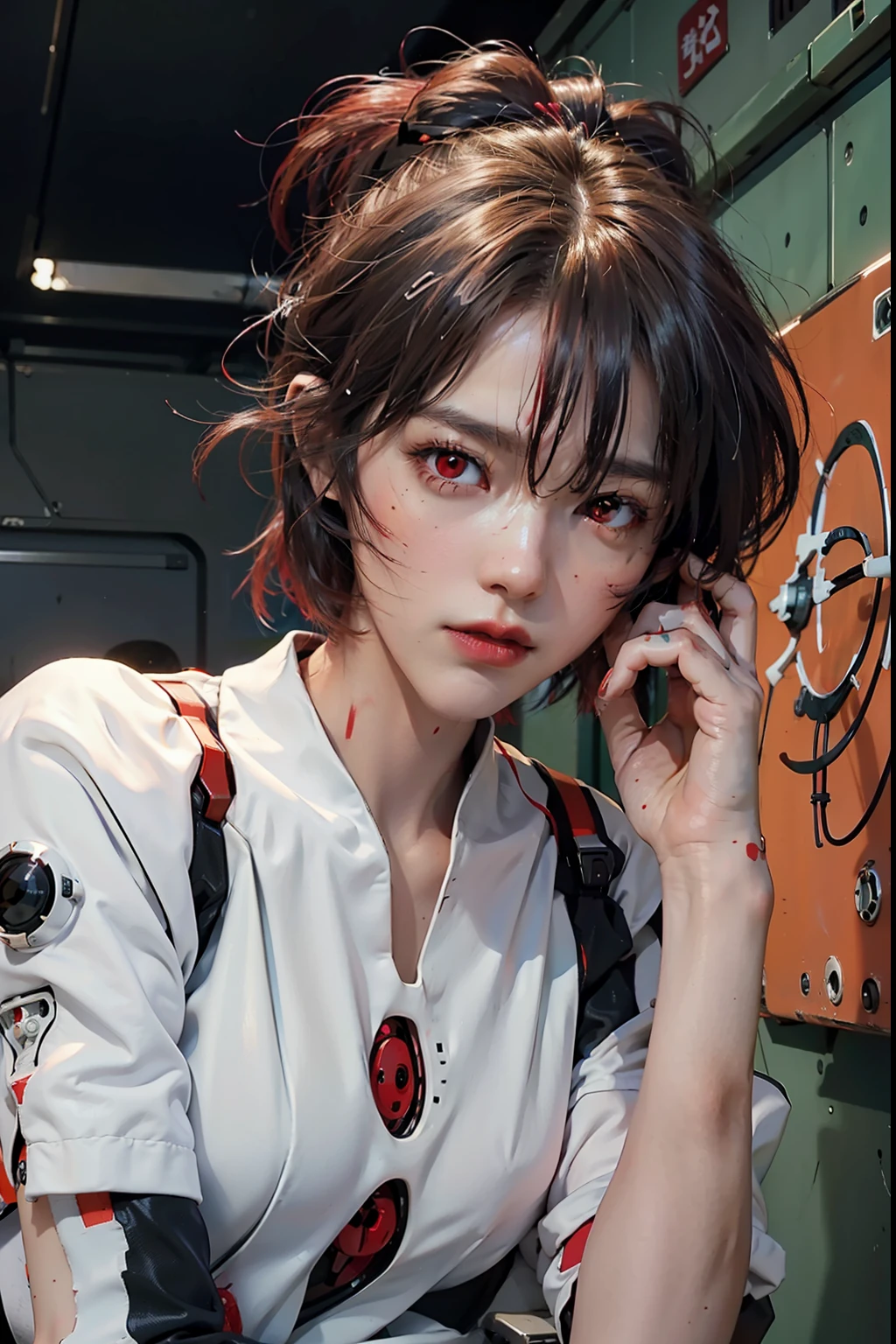 extremely beautiful eyes,  extremely beautiful face, (red eyes:1.5), rei, evangelion neon, robot, bloody