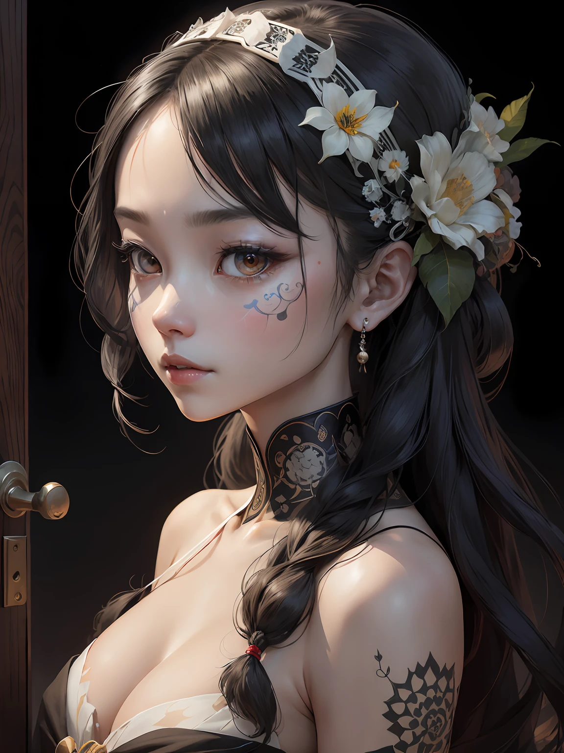 In the other world where mandala murals spread out、A beautiful woman in Japanese clothes emerged。She is dressed in pure white.、Beautiful contrast between clear white skin and black hair、It was like a swan。 however、As if to overshadow its beauty、There was a skull element on part of her face。On her right cheek、It is carved with a pattern like the eyes and nose of a skull.、It has an eerie atmosphere。 She showed her profile、His eyes seemed to be looking into the distance.。In its expression、Melancholy and sadness are oozing out.、It made me feel her strong-willed inner self。 In the background、It has geometric patterns like mandala paintings and Buddhist symbols.、A mysterious space spreads out。 This art is、Beauty and creepiness、And it expresses a mysterious worldview that fuses mystique.。Opening the door to the untouchable other world、You will be able to feel the mystery of the world。Strong elements of dilapidated sci-fi。Colorful and horror。profile。Detailed and meticulously drawn。3D Art。android。