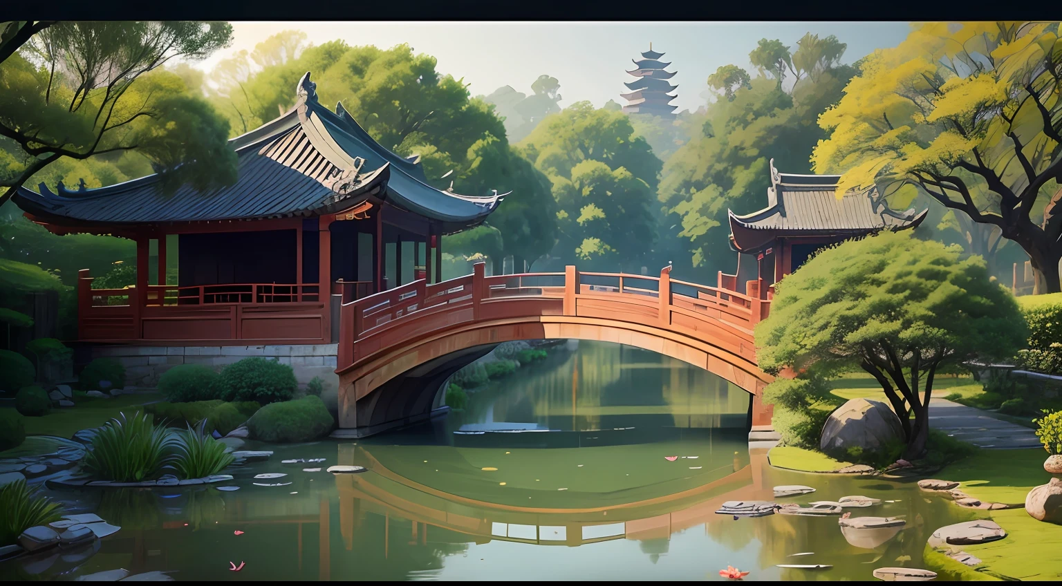 Garden ancient，Peach tree，China-style，Chinese painting style，lotuses，poetry，Antique，Beautiful，small bridge flowing water，big trees，ancient buildings，Pavilions，landscape，Jiangnan Water Town，bru，lake，Back garden，rockery，garden landscape，Da --auto