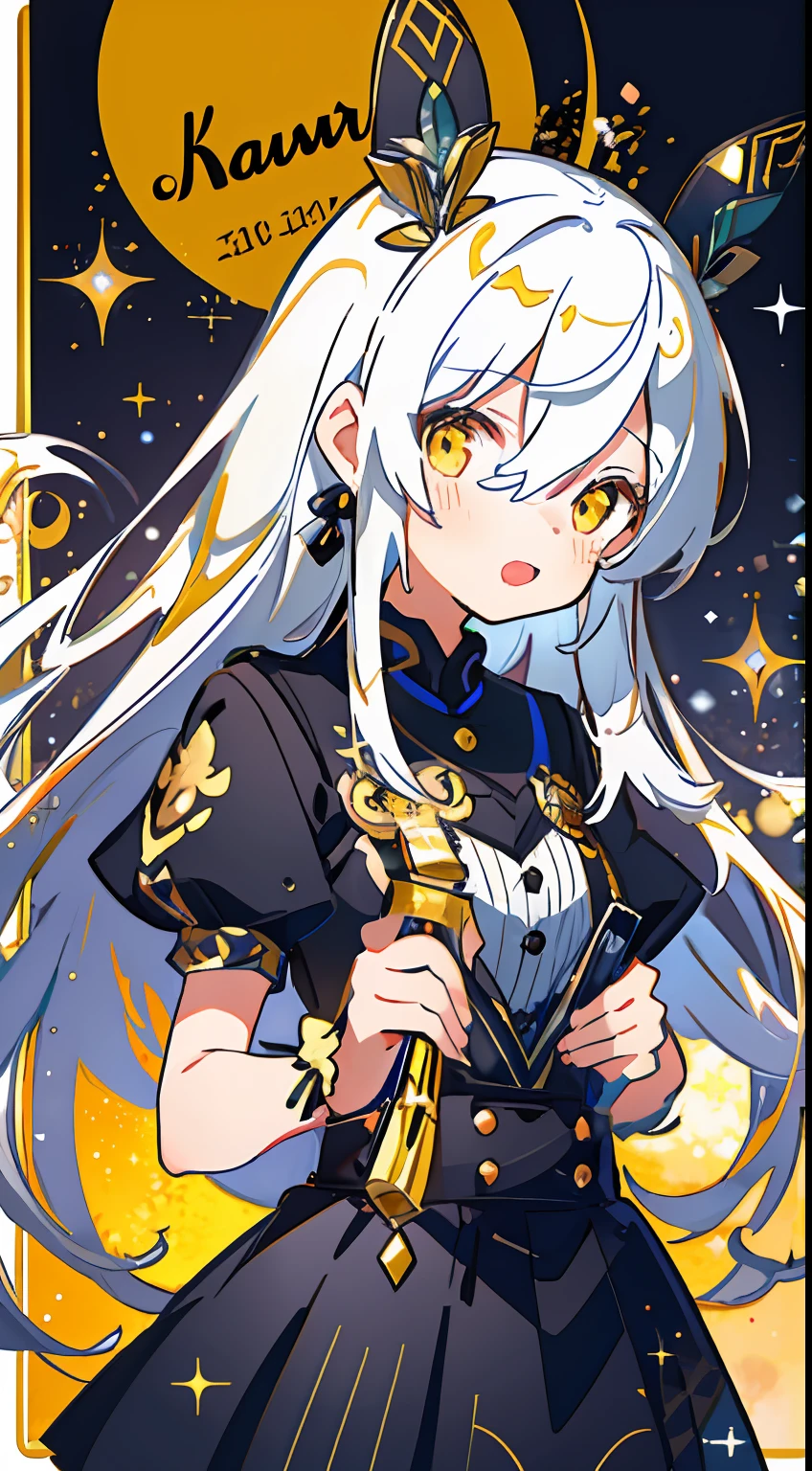 skirt by the、One girl、校服、white  hair、Twin-tailed、black ribbon on the head、yellow  eyes、Glitter、kirakira、beautidful eyes、Beautiful eyes、​masterpiece、Top image quality、top-quality、double tooth、cute little、stele、Pop backgrounds、Standing picture、full body Esbian、