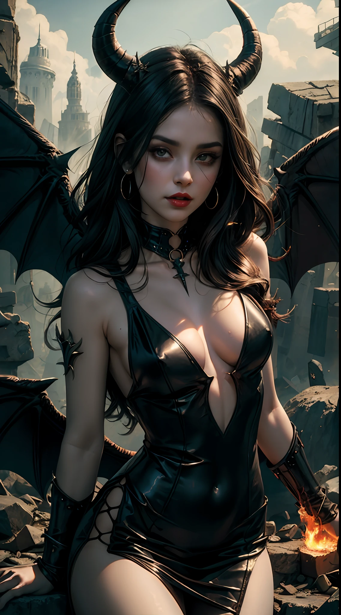 (8k masterpiece, best quality: 1.2) hyperdetailed face and body, arafed woman in a black dress with horns and blood on her chest, beautiful succubus, succubus | medieval, diablo 4 lilith, beautiful elegant demon queen, succubus, winged demon girl, diablo 4 queen, white horns queen demon, wojtek fus, portrait of demon girl, winged demoness, portrait of a female demon, succubus in tight short dress, dystopian desolate landscape, fire and brimstone, apocalyptic scene, revelations, end of the world,