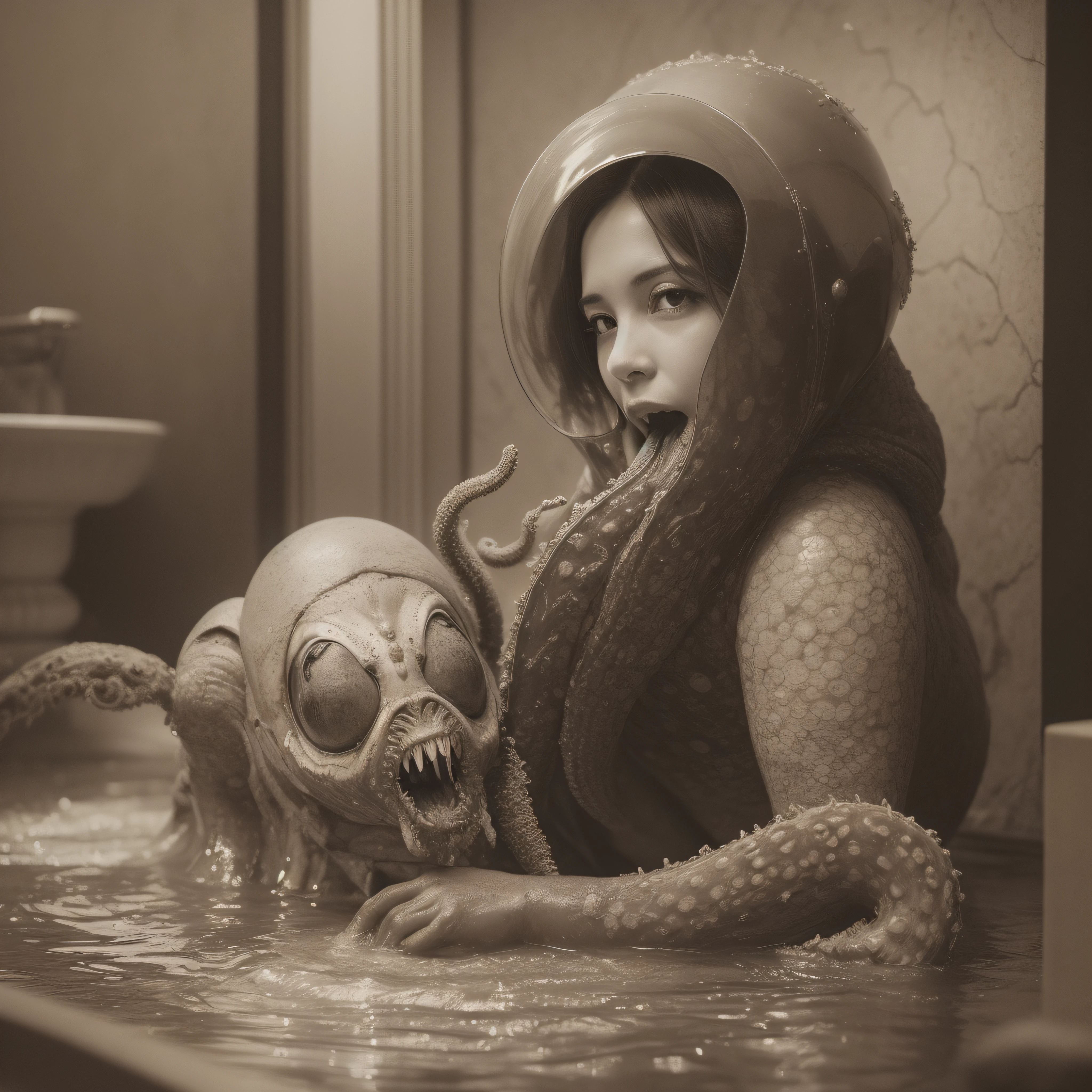 (extremadamente detallado, obra maestra, La mejor calidad), Estilo oscuro, intense illumination, rostro con arrugas, lengua larga, tentacle, deforme, monstruoso, interior de una piscina de agua verdosa, imagen submarina, alien con Colmillos finos, pico de pulpo amenazante. manchas de tinta. Rococo composition. Luz de caravaggio