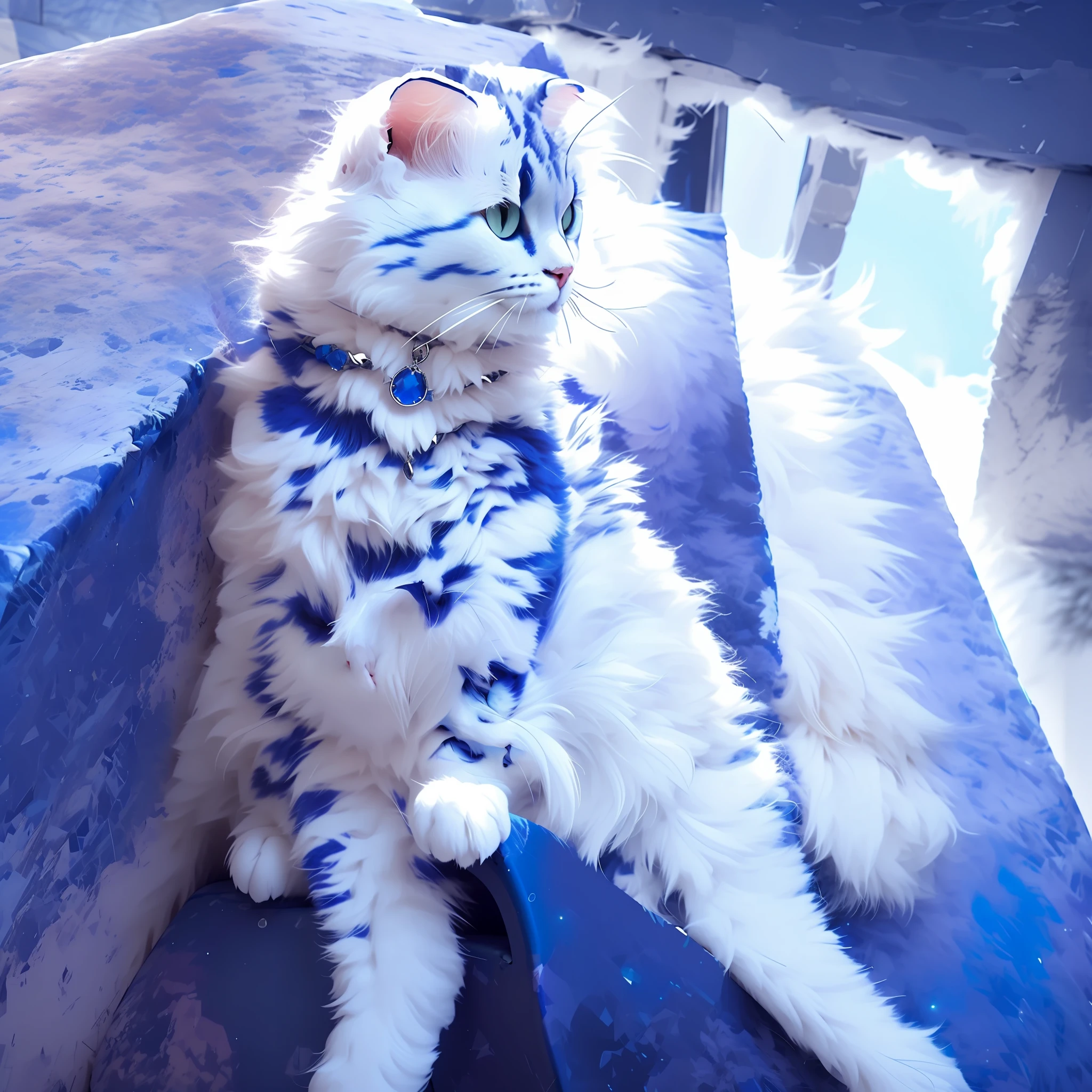 A majestic Scottish folding cat sits on a throne,proud looking away,The coat color is white,A deep blue gemstone is worn around his neck