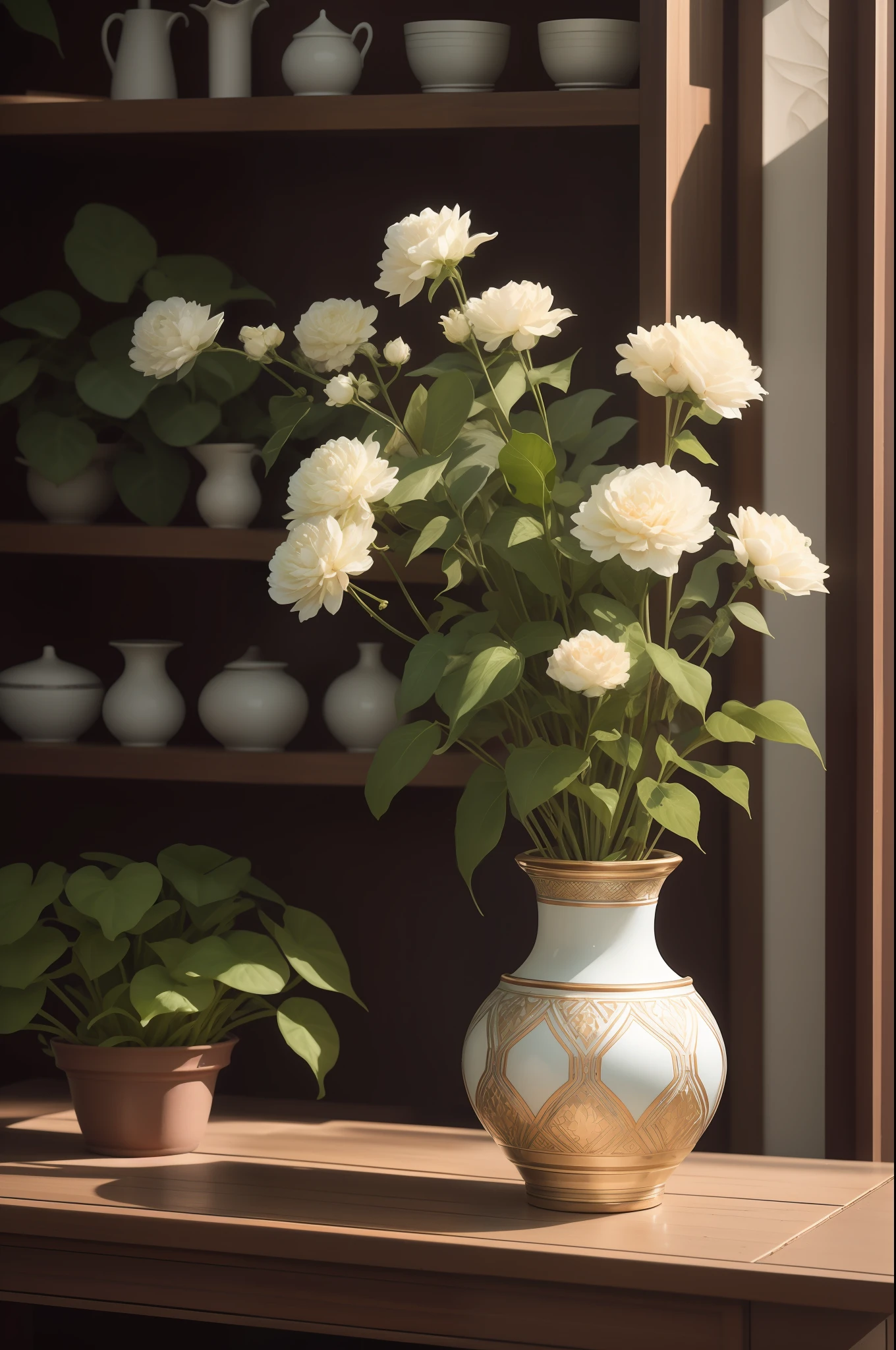 Filigree enamel vase,Sony A7 III camera for long-range shots,Realisticstyle,The vase is on the right,Spew flowers and plants,Vines are falling,White tones,delicated,复杂