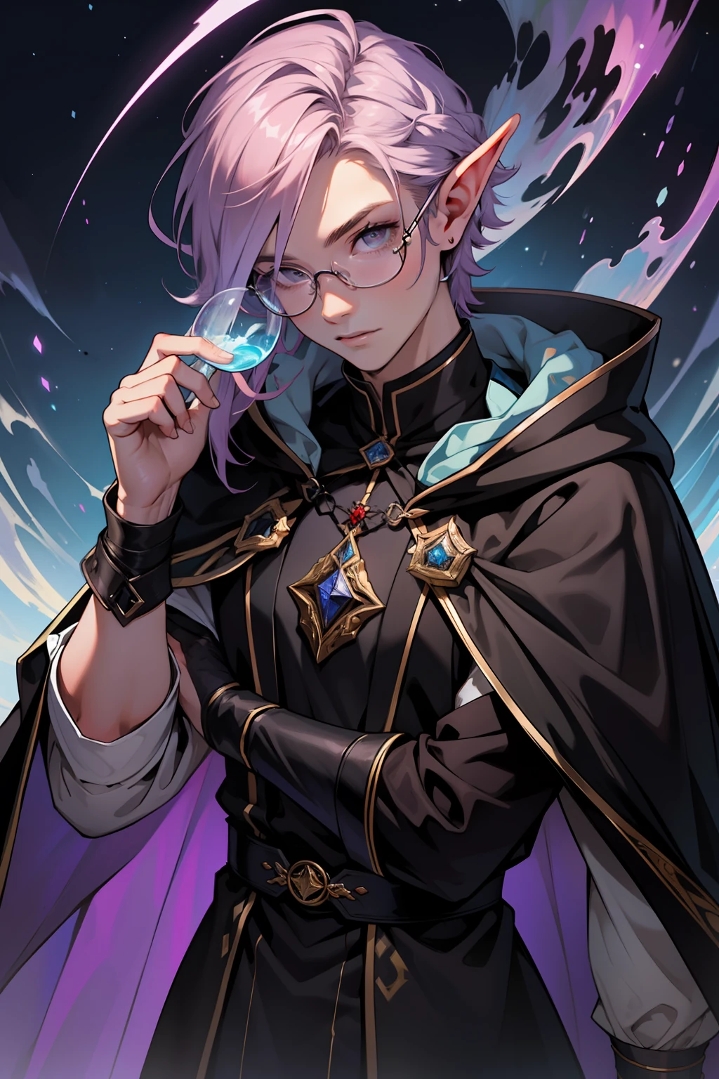 Masterpiece, Best quality,A hermaphroditic magician,Night Elf,alchemic,The color hair,Young and immature,18yr old,Wearing the cloak of a black magician,Wear round-rimmed scholar glasses,Clear facial features, clear facial details, The face is delicate,