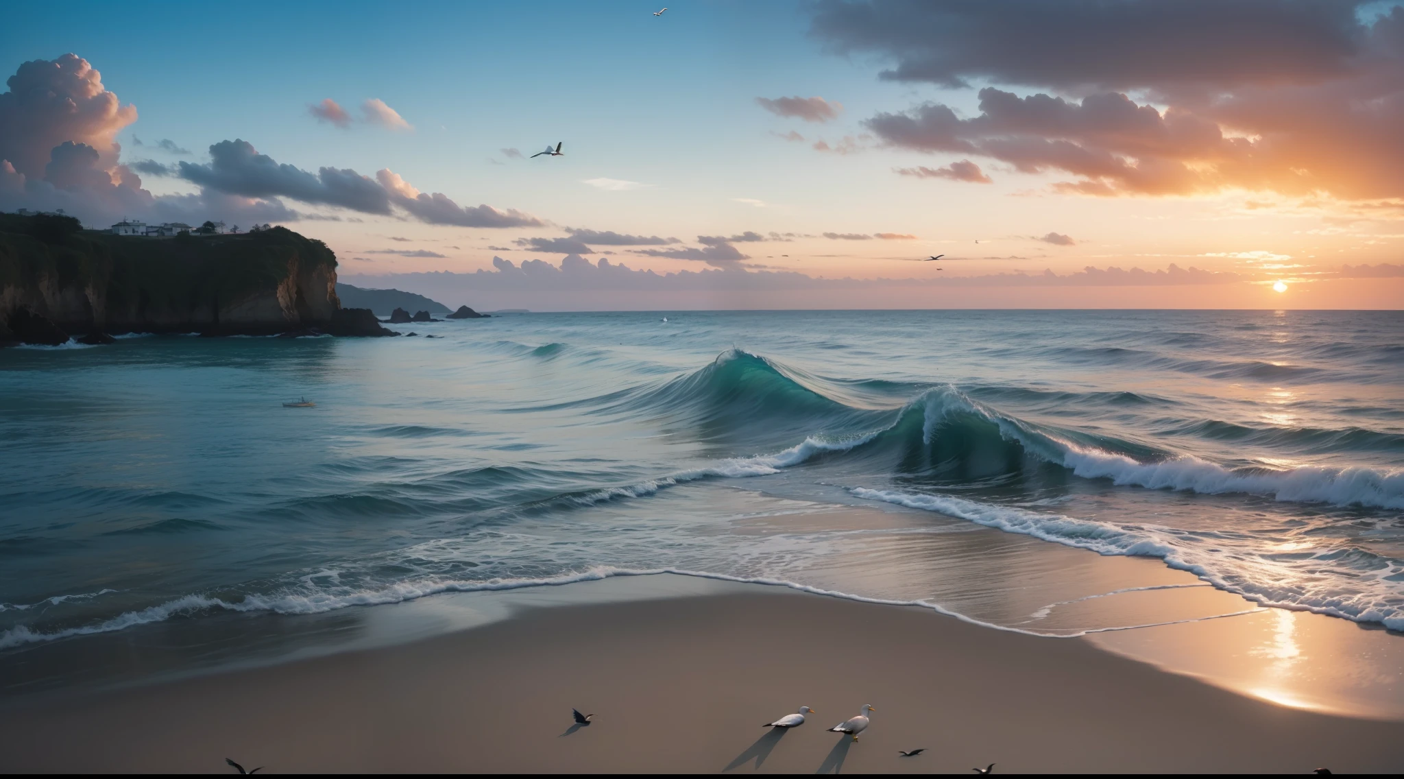 ((masterpiece)), (realistic), (sunset:1.2), (seascape:1.2), (colorful sky), (seagulls:1.1), (beach:1.1), (waves:1.1), (rocks:1.1), (boats:1.1), (reflection:1.2), (silhouette:1.2), (harbor:1.2), (peaceful:1.1), (serene:1.1), (tranquil:1.1), (calming:1.1), (harmonious:1.2),
The sun was setting over the horizon, painting the sky in a breathtaking array of colors. Shades of pink, orange, and yellow blended together to create a vibrant and colorful sky. Seagulls flew gracefully overhead, their wings casting shadows on the calm waters below. The beach was a peaceful and serene place, with waves gently lapping at the shore. Smooth rocks scattered along the coastline, providing a perfect spot for a quiet moment of reflection. Boats floated in the harbor, their masts creating silhouettes against the colorful sky. The reflection of the sky in the water created a harmonious and tranquil atmosphere. As the sun disappeared below the horizon, the sky turned darker, but the sense of calm remained, leaving a feeling of peacefulness and contentment.