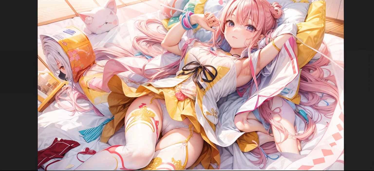 hightquality、masutepiece、Clean face、I can see the streak、I can see the streak、invisible clothes、Opening legs、very transparent clothing、very transparent underwear、Open your legs、Open your legs on your back、Opening legs、Open your legs in an M shape、Chignon、pinkcolor