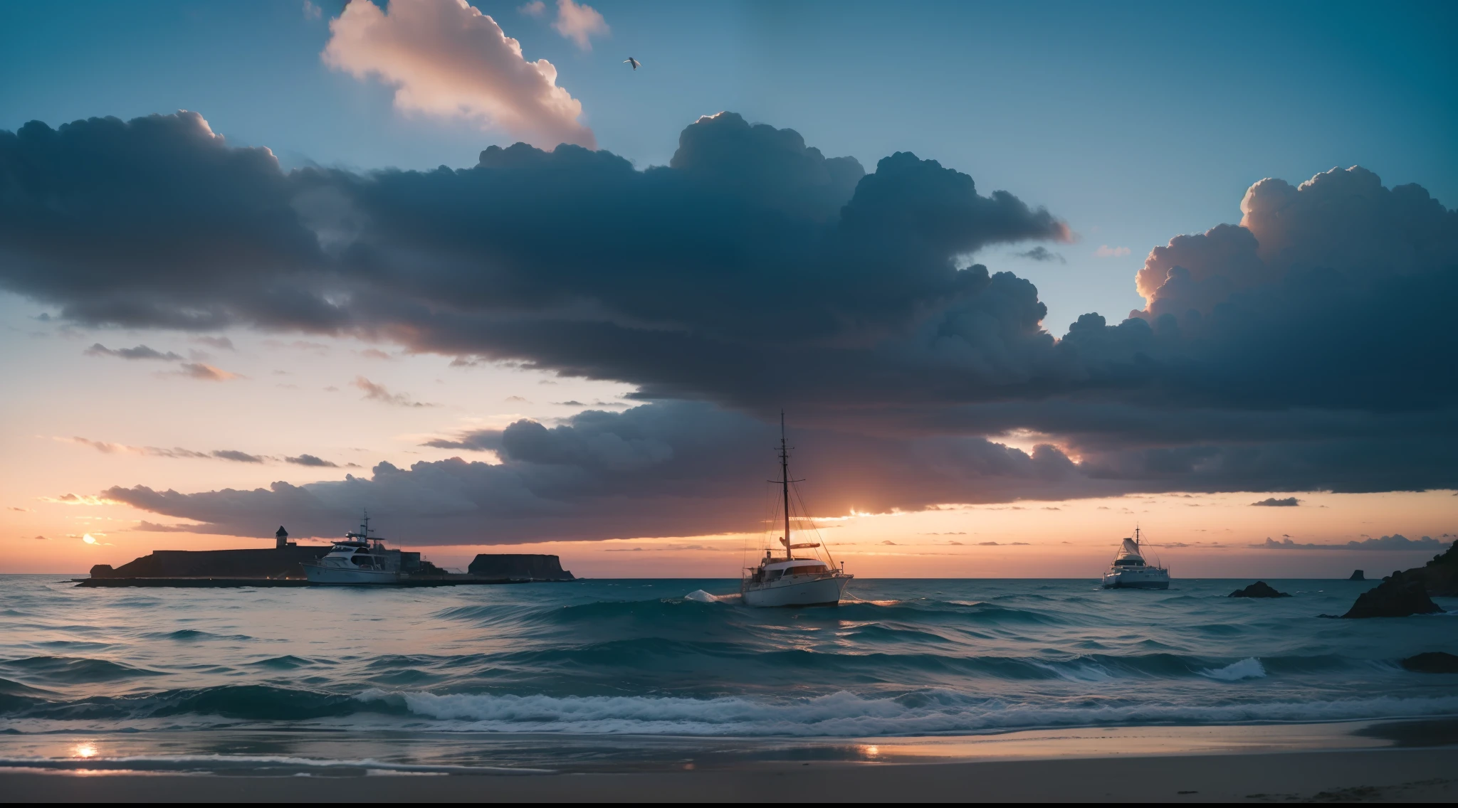 ((masterpiece)), (realistic), (sunset:1.2), (seascape:1.2), (colorful sky), (seagulls:1.1), (beach:1.1), (waves:1.1), (rocks:1.1), (boats:1.1), (reflection:1.2), (silhouette:1.2), (harbor:1.2), (peaceful:1.1), (serene:1.1), (tranquil:1.1), (calming:1.1), (harmonious:1.2),
The sun was setting over the horizon, painting the sky in a breathtaking array of colors. Shades of pink, orange, and yellow blended together to create a vibrant and colorful sky. Seagulls flew gracefully overhead, their wings casting shadows on the calm waters below. The beach was a peaceful and serene place, with waves gently lapping at the shore. Smooth rocks scattered along the coastline, providing a perfect spot for a quiet moment of reflection. Boats floated in the harbor, their masts creating silhouettes against the colorful sky. The reflection of the sky in the water created a harmonious and tranquil atmosphere. As the sun disappeared below the horizon, the sky turned darker, but the sense of calm remained, leaving a feeling of peacefulness and contentment.