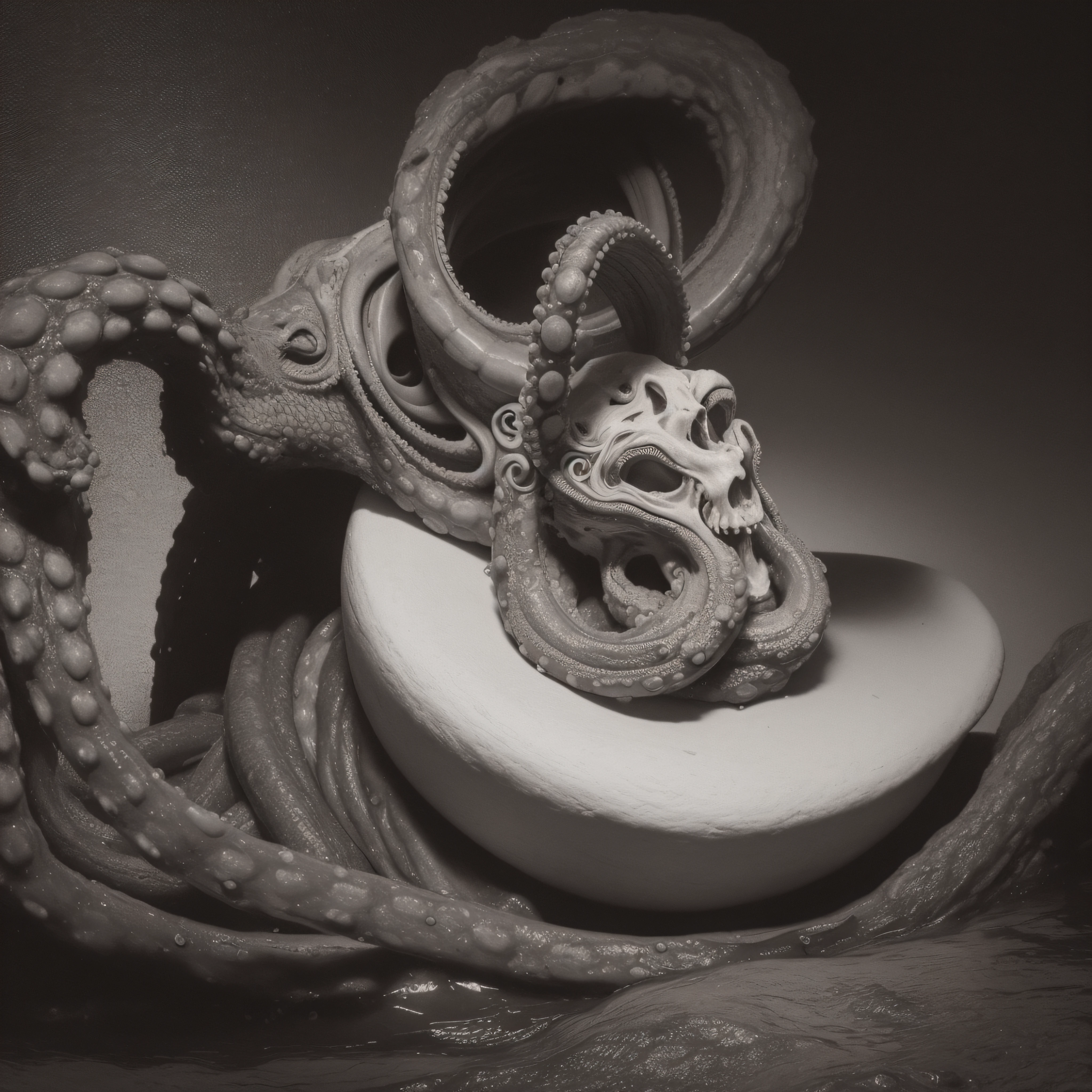 (extremadamente detallado, obra maestra, La mejor calidad), Estilo oscuro, intense illumination, rostro con arrugas, lengua larga, tentacle, deforme, monstruoso, interior de una piscina de agua verdosa, imagen submarina, alien con Colmillos finos, pico de pulpo amenazante. manchas de tinta. Rococo composition. Luz de caravaggio