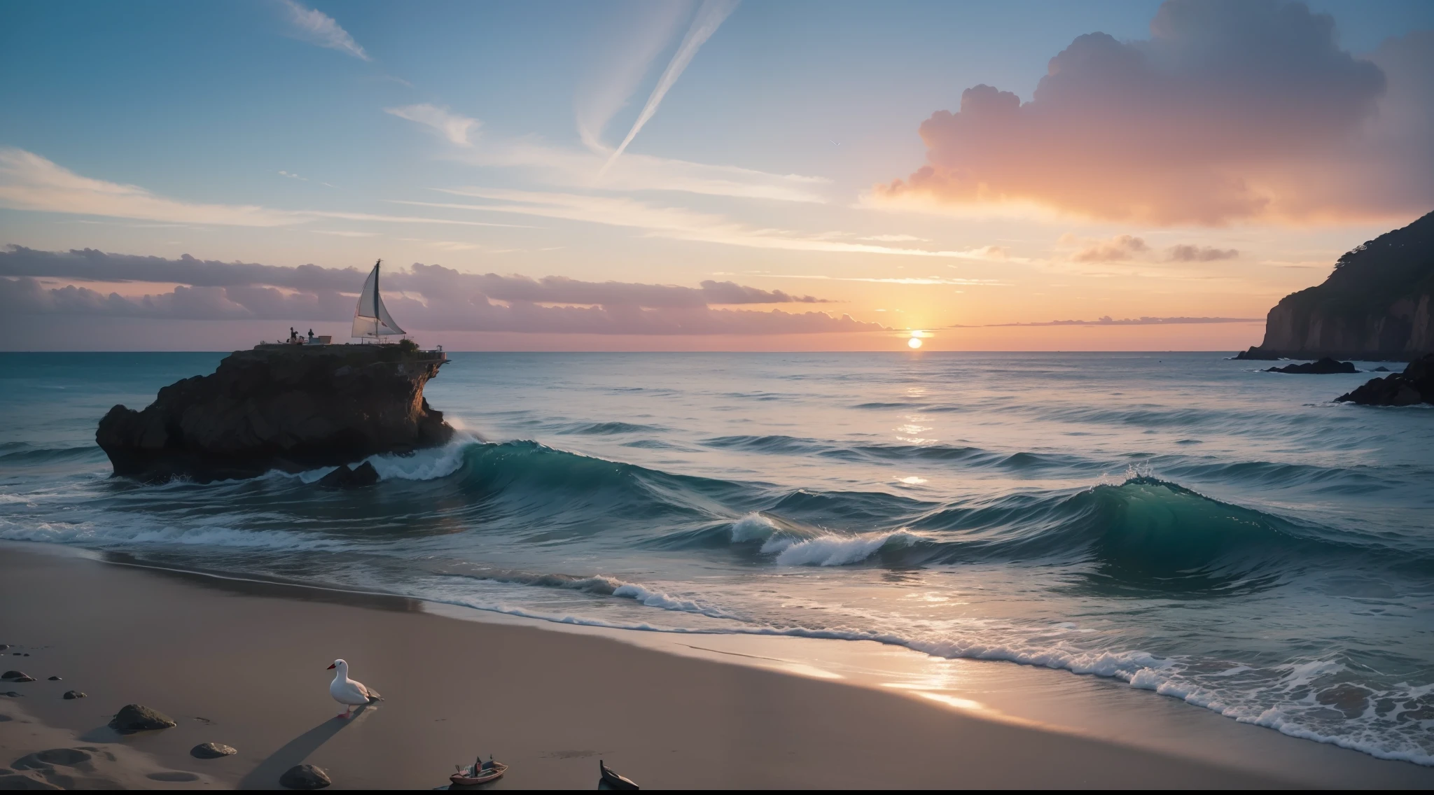 ((masterpiece)), (realistic), (sunset:1.2), (seascape:1.2), (colorful sky), (seagulls:1.1), (beach:1.1), (waves:1.1), (rocks:1.1), (boats:1.1), (reflection:1.2), (silhouette:1.2), (harbor:1.2), (peaceful:1.1), (serene:1.1), (tranquil:1.1), (calming:1.1), (harmonious:1.2),
The sun was setting over the horizon, painting the sky in a breathtaking array of colors. Shades of pink, orange, and yellow blended together to create a vibrant and colorful sky. Seagulls flew gracefully overhead, their wings casting shadows on the calm waters below. The beach was a peaceful and serene place, with waves gently lapping at the shore. Smooth rocks scattered along the coastline, providing a perfect spot for a quiet moment of reflection. Boats floated in the harbor, their masts creating silhouettes against the colorful sky. The reflection of the sky in the water created a harmonious and tranquil atmosphere. As the sun disappeared below the horizon, the sky turned darker, but the sense of calm remained, leaving a feeling of peacefulness and contentment.