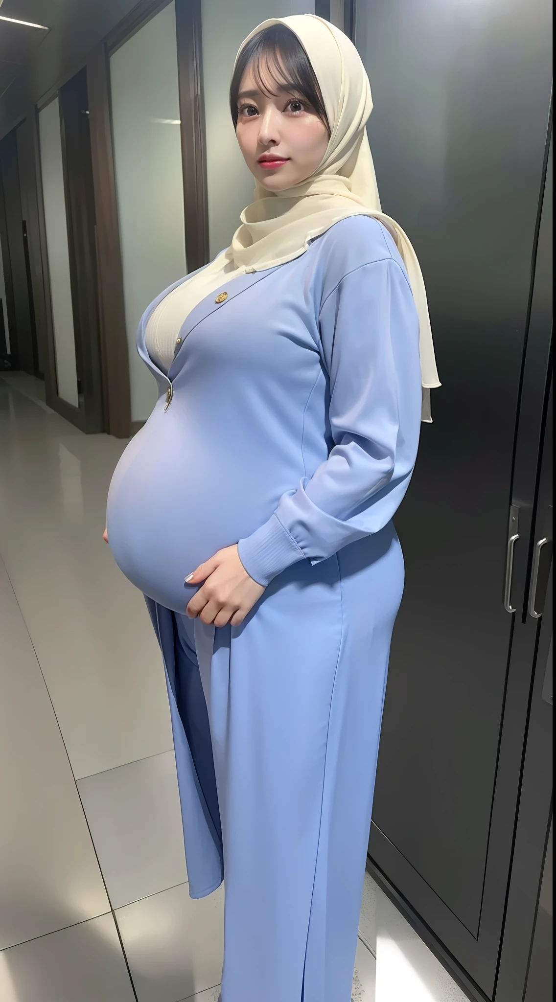 (8k, RAW Photo, Best Quality, Masterpiece: 1.2), (Realistic, Realistic: 1.37), Ultra High Resolution, Photon Mapping, Physically Based Rendering, 1 hijab girl 30 years old, suit, trousers, long curly hair, bangs, big pregnant, big standing boobs, hospital,