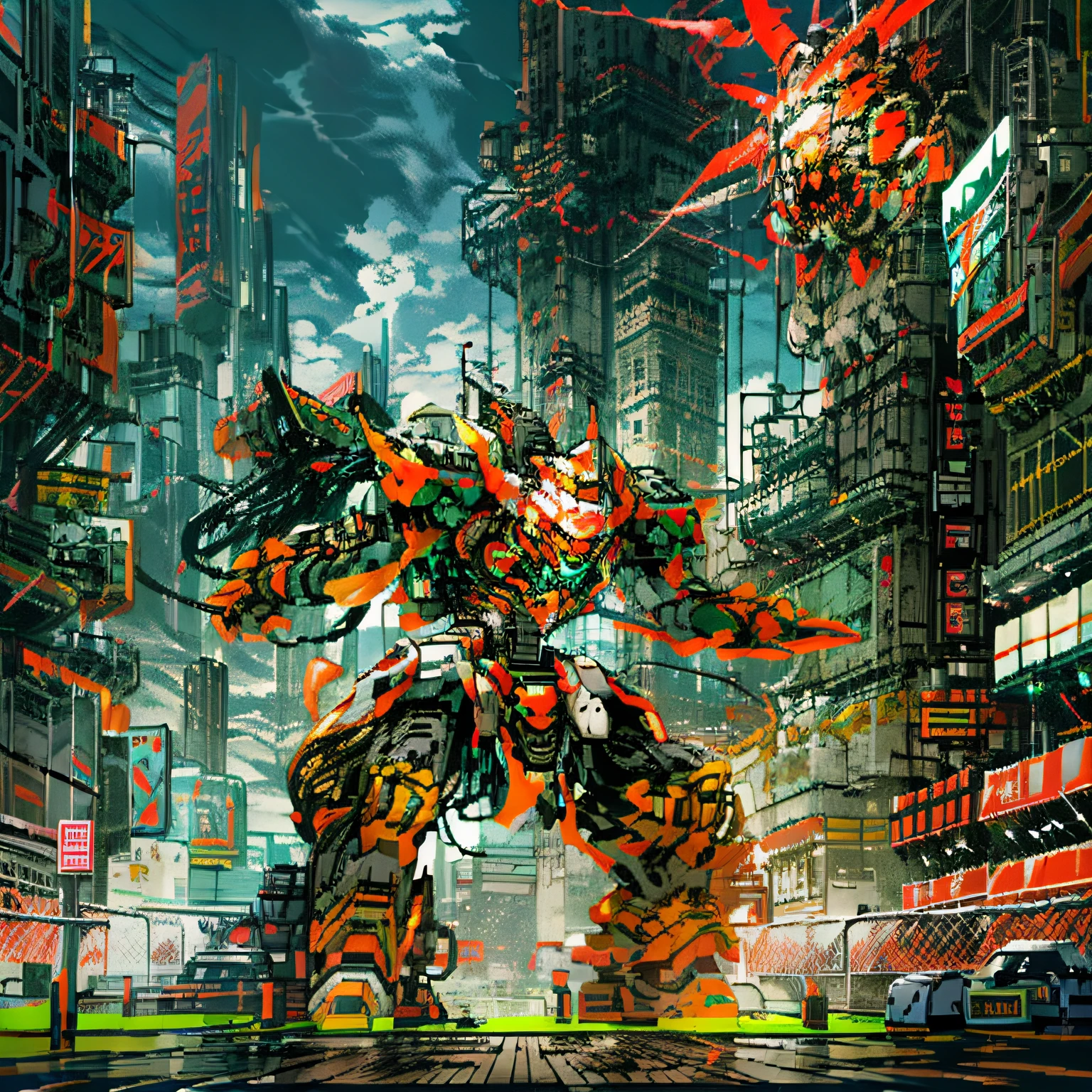 Skysky、Drifting clouds、Powerful weapon with both hands、The average person、Luminous robot、Towering buildings、flickering eyes、In mecha、sci-fi cityscape、The interweaving of reality and virtuality、The mech glows red、Armed with a sword、Lightning beam,Monster fighting