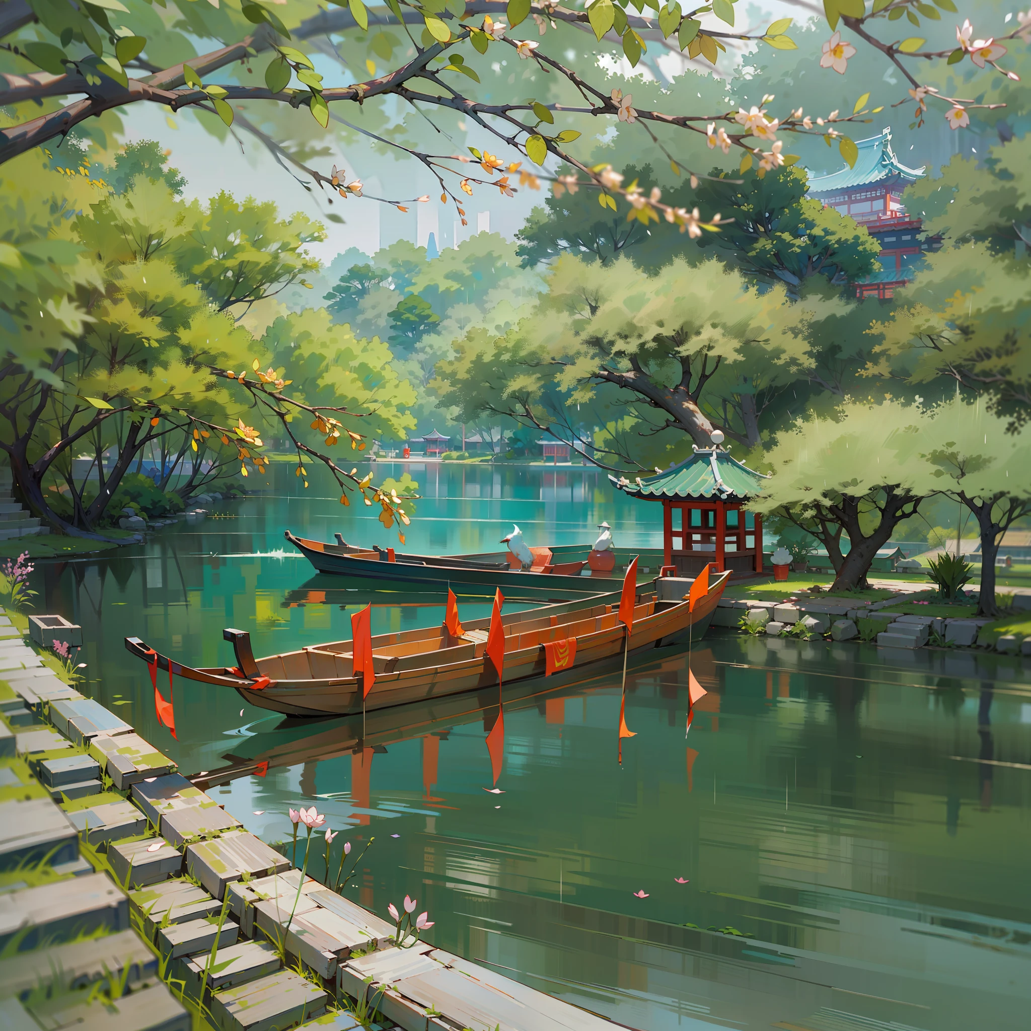 Spring has sprung,Grandiose scenes,Gangnam scenery,Flowers red willow green,Turquoise Lake(Turquoise Lake × 2.0),Calm lake,West Lake view,A small boat with a colorful canopy(There is only one),On board sat an ancient Chinese poet(only one),【The boat contrasts with the wide lake】,Drizzle(Rainy days),rain,Mist,Green trees,Faraway view,a sense of atmosphere,China-style,In the distance, A corner of the pavilion looms,Ancient China,vibrant with colors,Rule of thirds composition, Highest image quality,visual shock。