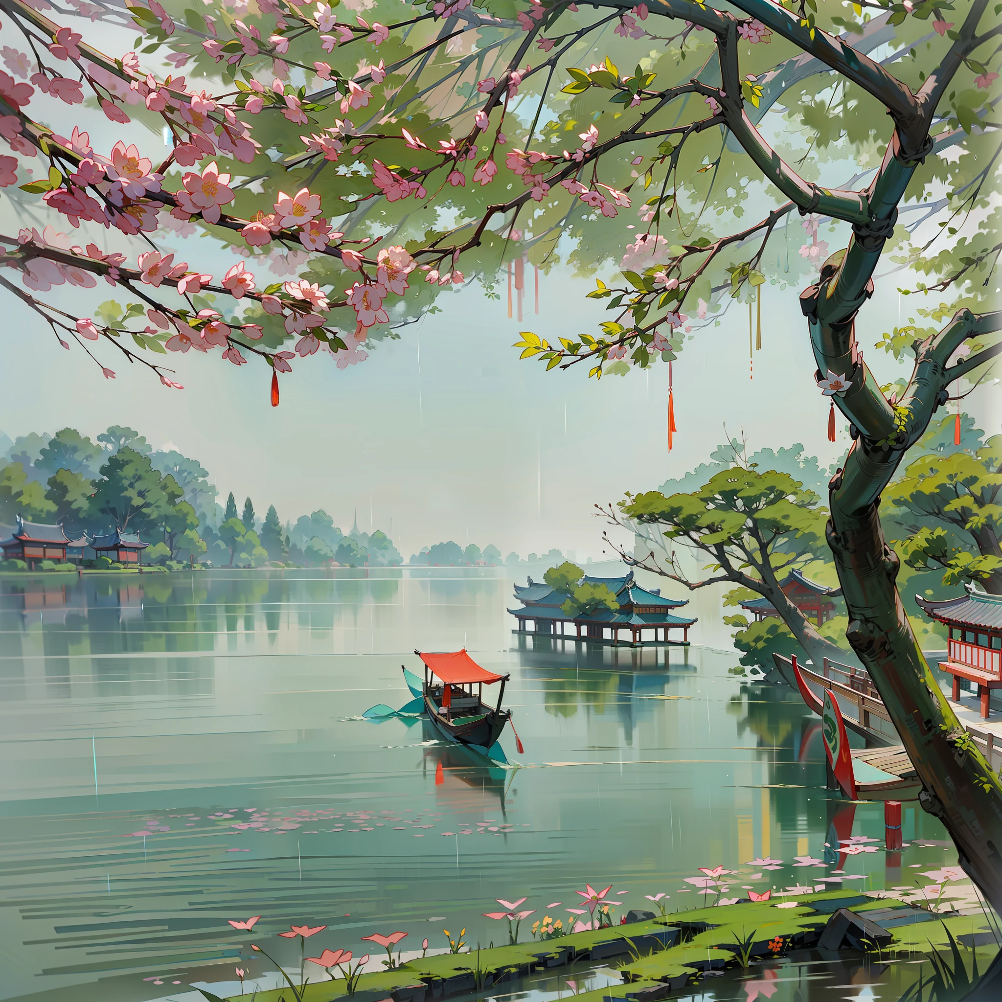 Spring has sprung,Grandiose scenes,Gangnam scenery,Flowers red willow green,Turquoise Lake(Turquoise Lake × 2.0),Calm lake,West Lake view,A small boat with a colorful canopy(There is only one),On board sat an ancient Chinese poet(only one),【The boat contrasts with the wide lake】,Drizzle(Rainy days),rain,Mist,Green trees,Faraway view,a sense of atmosphere,China-style,In the distance, A corner of the pavilion looms,Ancient China,vibrant with colors,Rule of thirds composition, Highest image quality,visual shock。