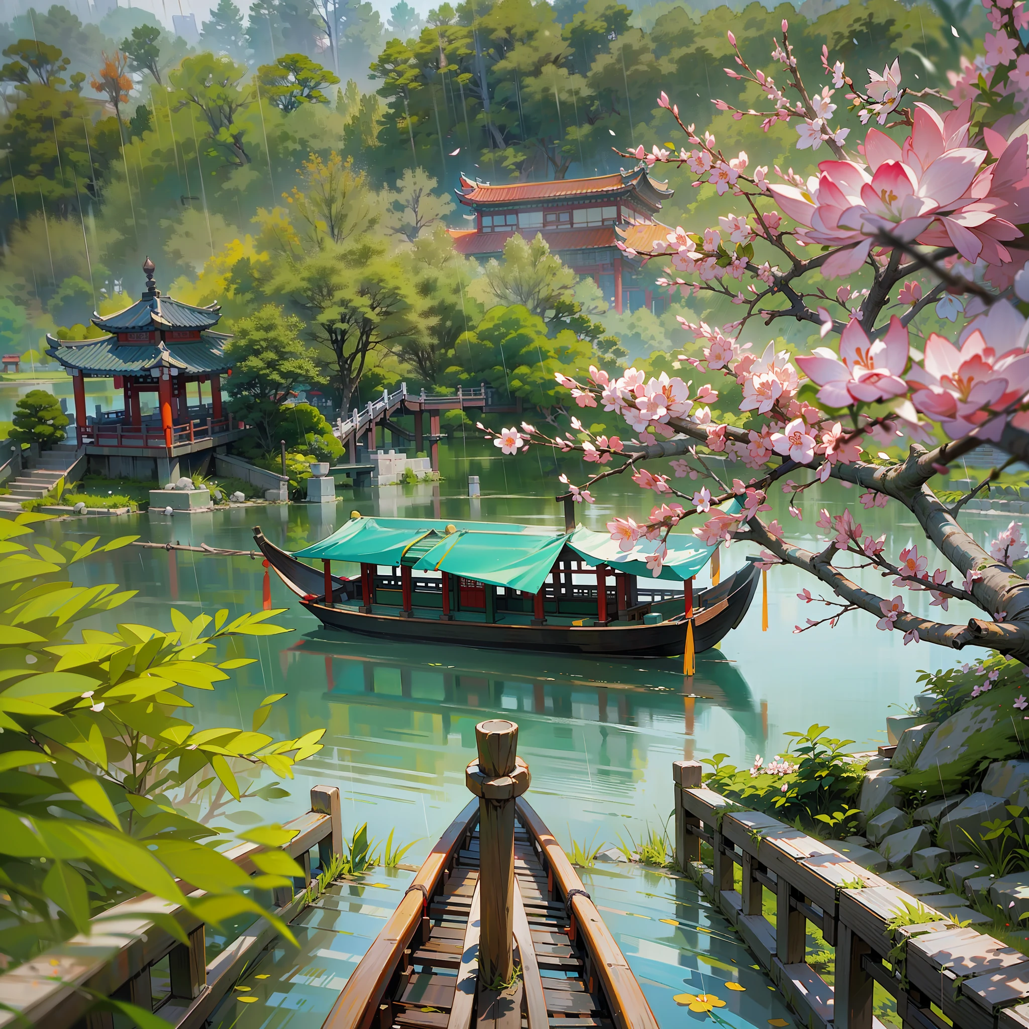 Spring has sprung，Grandiose scenes，Gangnam scenery，Flowers red willow green，Turquoise Lake（Turquoise Lake × 2.0)，Calm lake，West Lake view，A small boat with a colorful canopy（There is only one），On board sat an ancient Chinese poet（only one），【The boat contrasts with the wide lake】，Drizzle（Rainy days），rain，Mist，Green trees，Faraway view，a sense of atmosphere，China-style，In the distance, A corner of the pavilion looms，Ancient China，vibrant with colors，Rule of thirds composition, Highest image quality，visual shock。