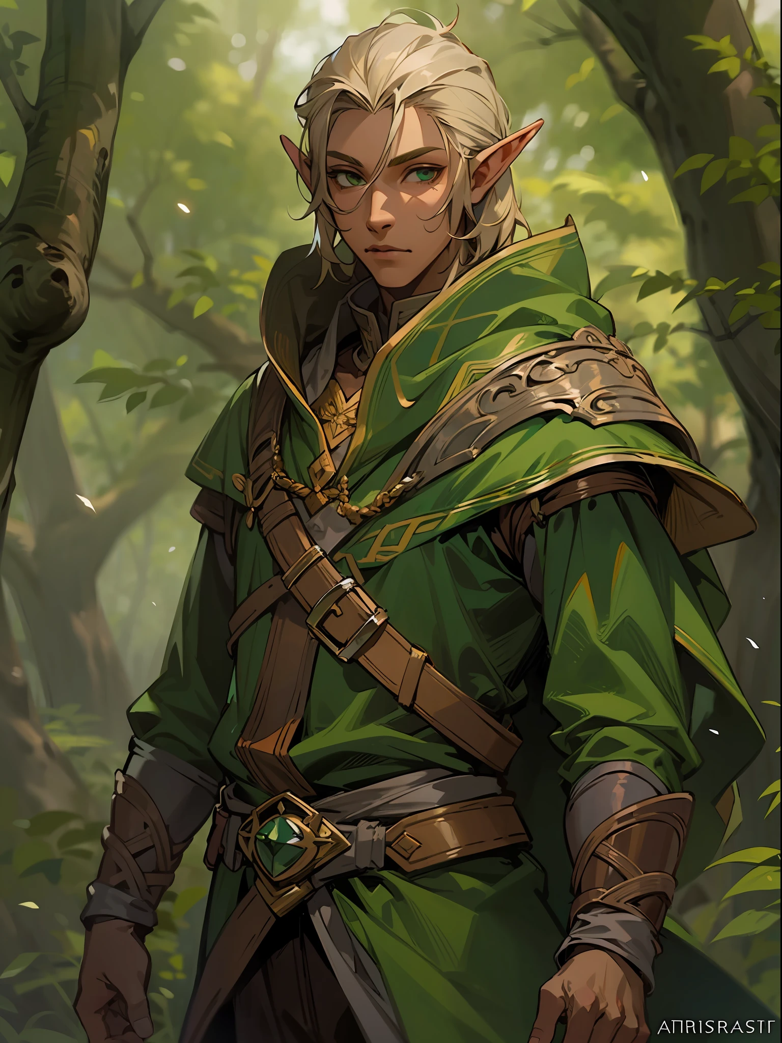 ((brown skin)),there is a man in a green and brown outfit walking through a forest, portrait of a forest mage, male elf ranger, a portrait of a male elf, a male elf, beautiful male elf, elven male, male blonde elf ranger, of an elden ring elf, male wood elf rogue, portrait of a young elf wizard, astri lohne, ((edgy face)), one person, full body shot