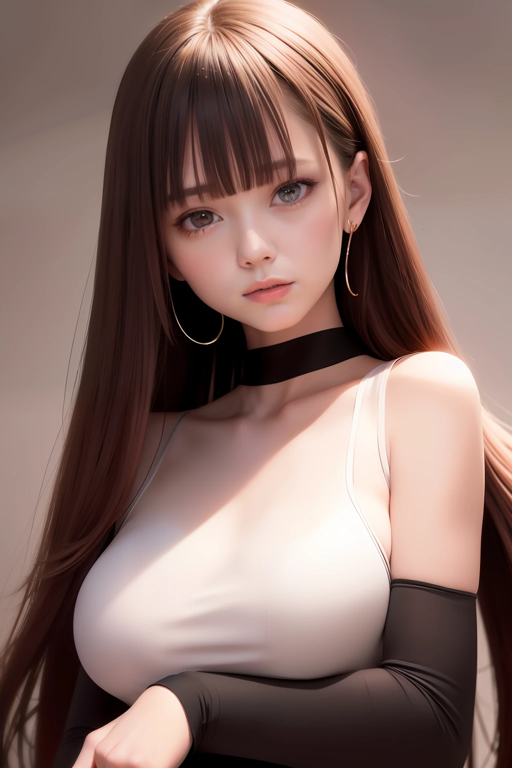 Best quality at best，tmasterpiece，（Fidelity：1.2），1 girl，Long dark red hair，Black eyes，frontage，A detailed face，beautidful eyes，Full breasts，The skin is very white，（highdetailskin：1.2），8K, Ultra HD， Digital SLR, softlighting, high high quality, volumettic light,photore, A high resolution, 4K, 8K, Background bokeh,