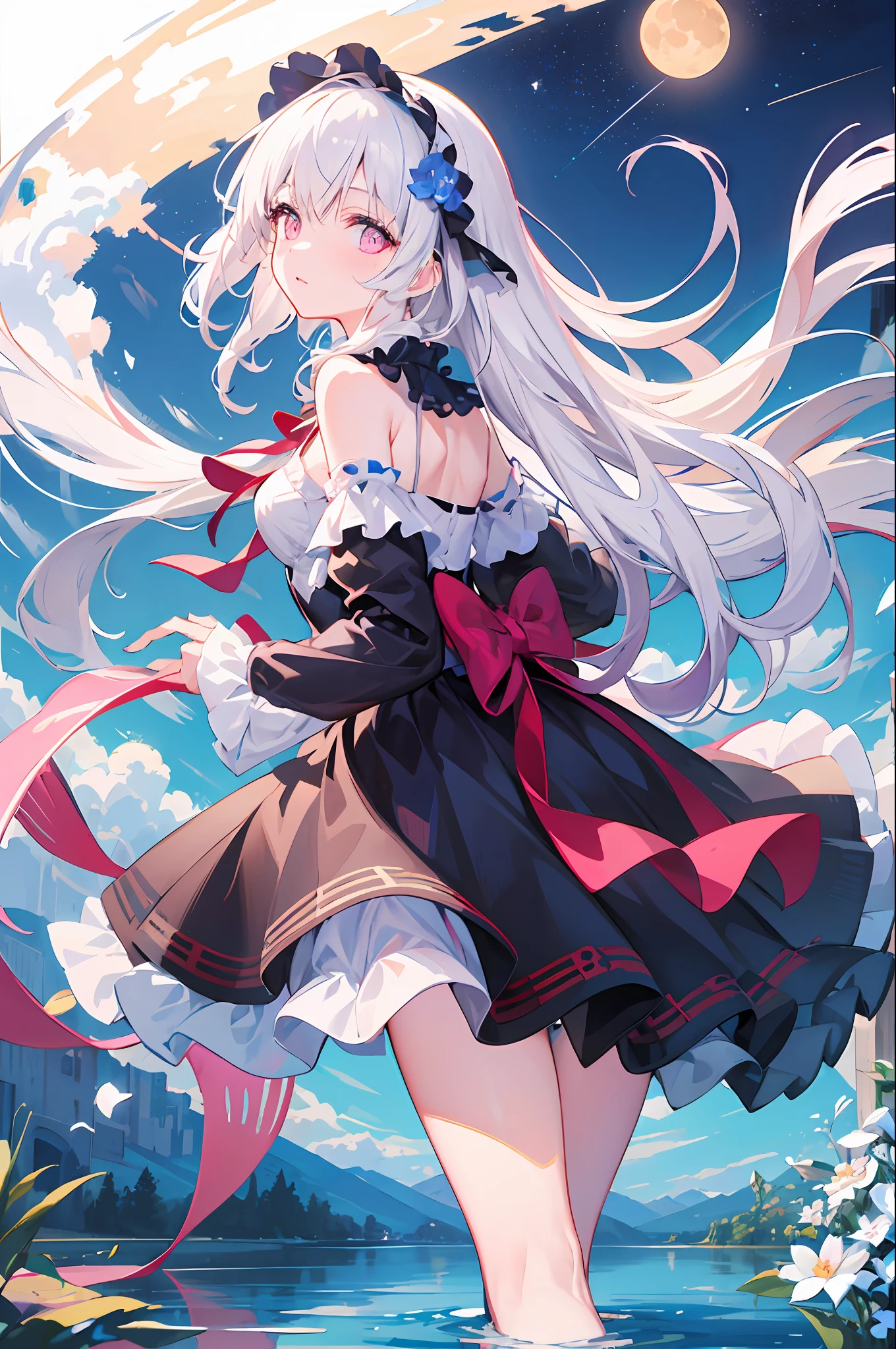 [(White background:1.5),::5] (isometry:1.0), Doubleexposure, Bubble, Medium Shot Shot, full bodyesbian, // Masterpiece, Best quality, 1girll, (Colorful),(finely detailed beautiful eyes and detailed face),Cinematic lighting,Bust Up Shot,Extremely detailed Cg Unity 8K wallpaper, 1girll, Pink eyes ,(Long hair),long  white hair (floating in the wind), posterior view, Looking back, hair adornments, flower hair ornaments. head band, ribbon, White dress, visible shoulders, walking on pond, water Reflections, pond, Medium breast,  Night sky, Milkyway Sky, horizon,  Moon，（（White panty hose））