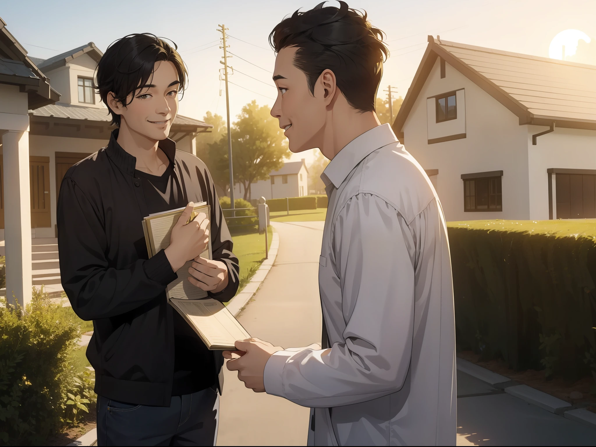Masterpiece, Best quality,Father with short black hair,Look at the book in your hand,Smiling,Realisticstyle,The golden light of the setting sun shines in front of the new house;