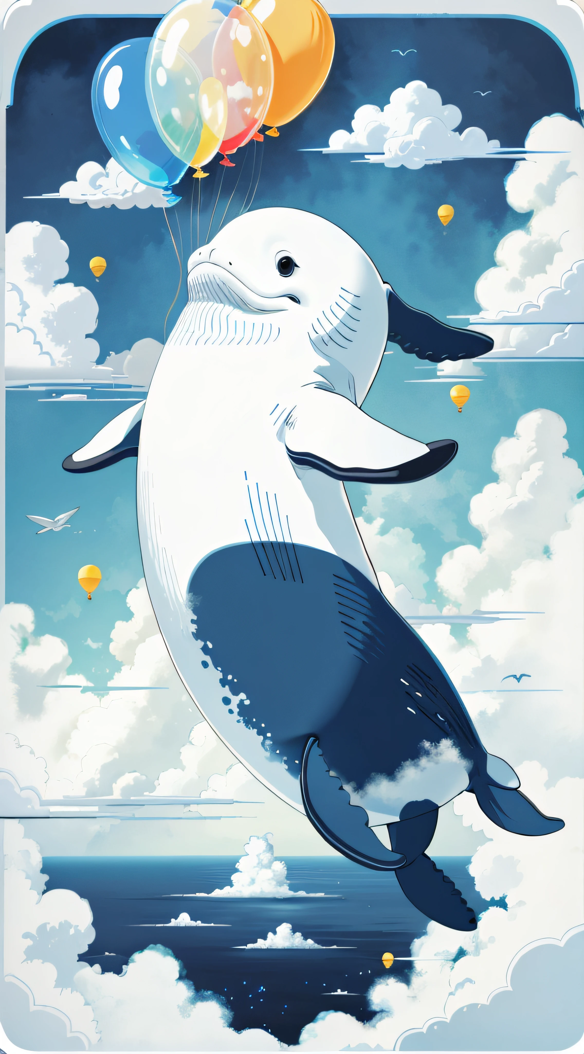 A whale,Fly in the clouds,balloons,with blue sky and white clouds,looks into camera