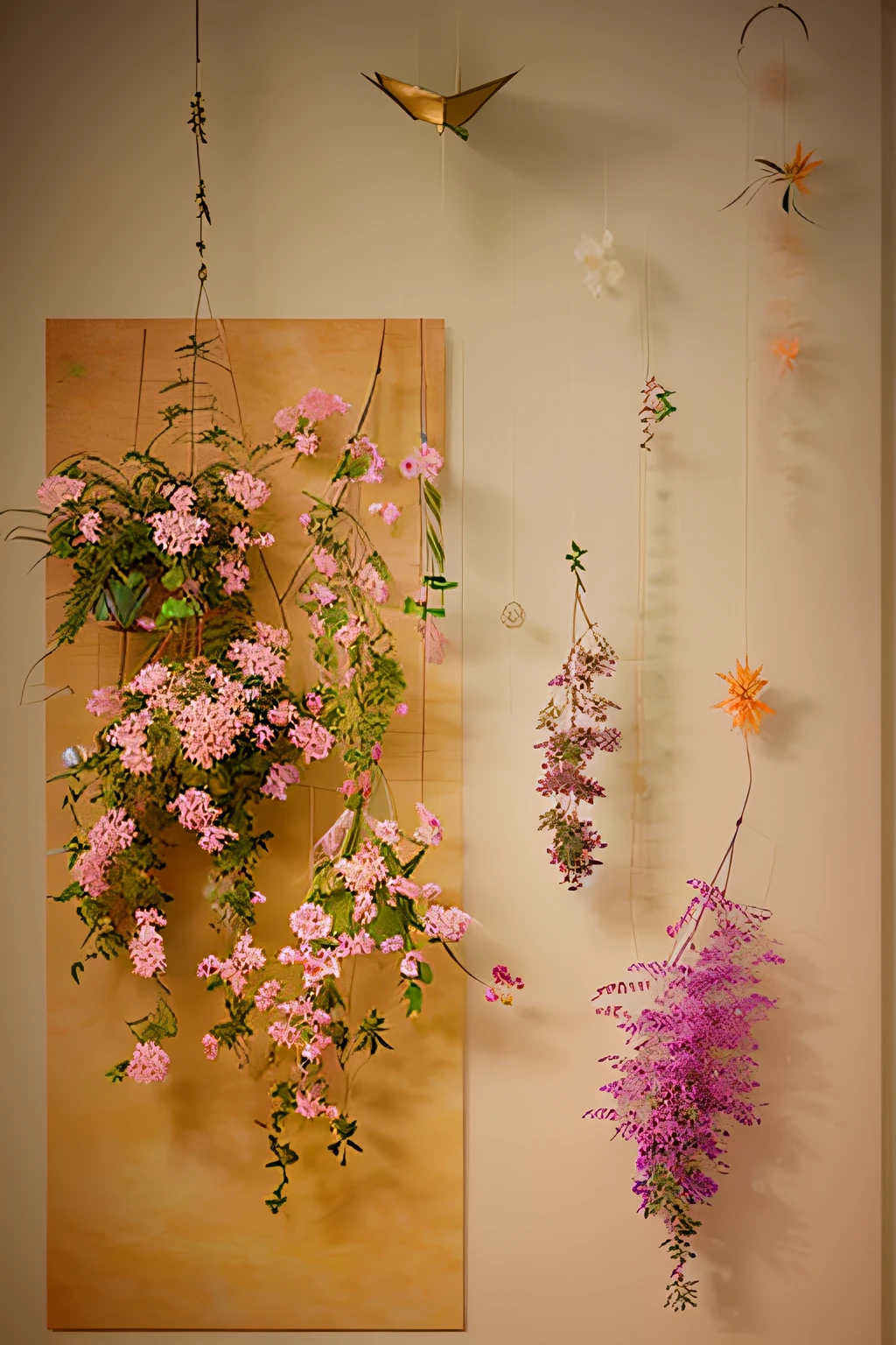 There are displays of flowers and plants in the room, Ethereal and dreamy theme, dreamy ethereal vibe, Dreamy atmosphere, dreamy atmosphere and drama, ethereal details, dreamy and detailed, Ethereal and dreamy, Fondo pintado floral, Dreamy and ethereal, Hue orange and pale pink, dried flower, dreamy scenes, Gorgeous and complex background, ambient amber light, Fantastical Atmosphere