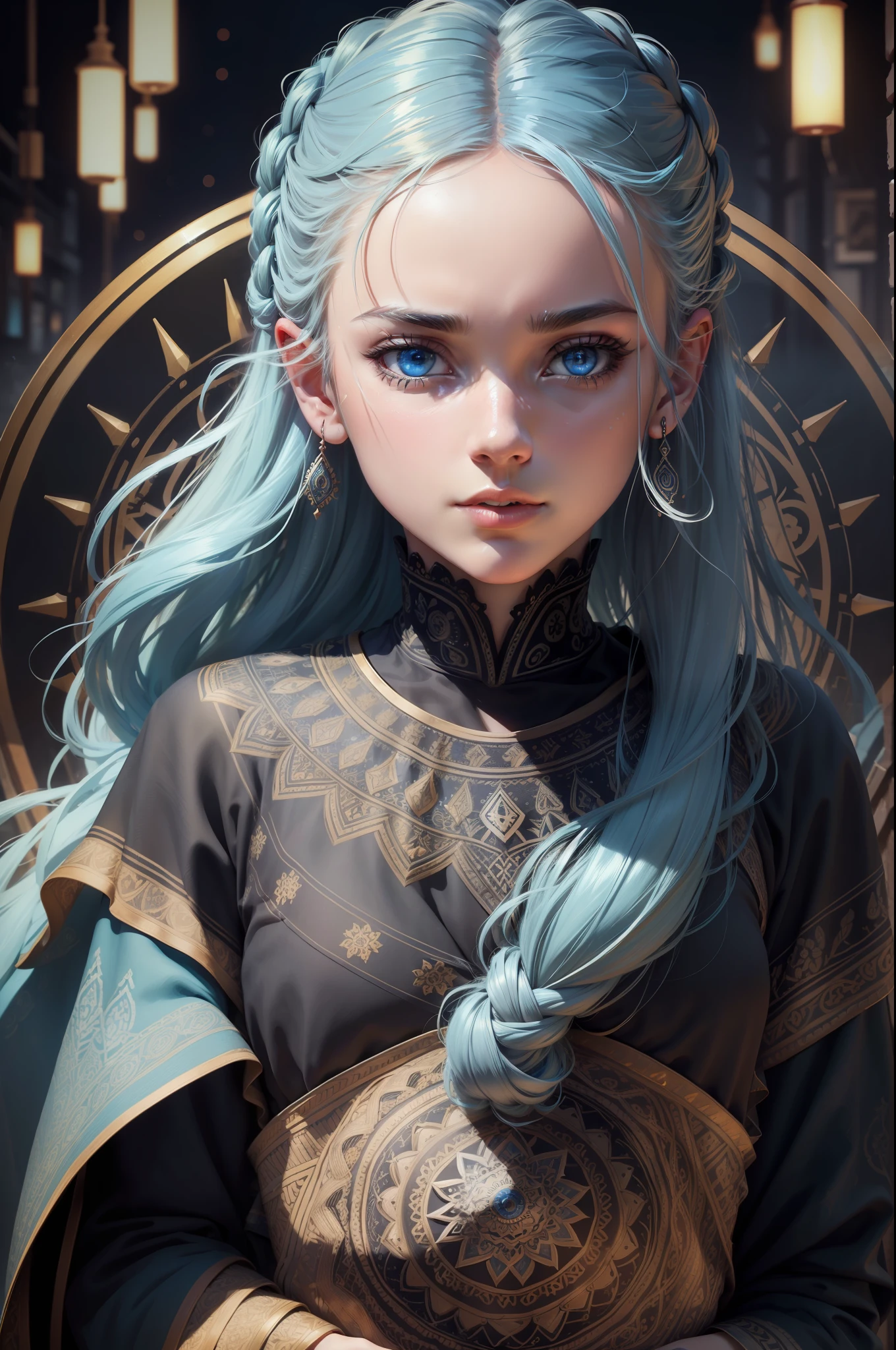(masterpiece, best quality, ultra-detailed, high resolution, best illustration), perfect face, ((ground, ground focus)), side lighting, glowing skin, (glow), (glowing skin, skeptical elements, Nordic heritage) , ray tracing, focus, ground, blue hair, blue eyes, long hair, closed mouth, shirt, windswept hair, detailed hair, detailed face, depth_of_field, very detailed background, extreme light shadow, (detailed eyes), perfect anatomy , (zentangle, mandala, tangled, tangled), dynamic angle, long shot, upper body, cityscape, extreme light and shadow, night sky