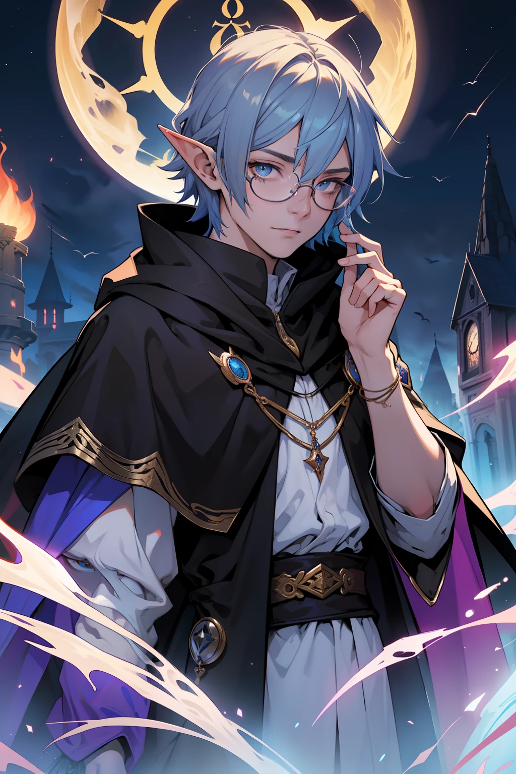 Masterpiece, Best quality,A hermaphroditic magician，Night Elf，alchemic，Manipulating elements，The color hair，Young and immature，18yr old，Wearing the cloak of a black magician，Wear round-rimmed scholar glasses，Clear facial features, clear facial details, The face is delicate，