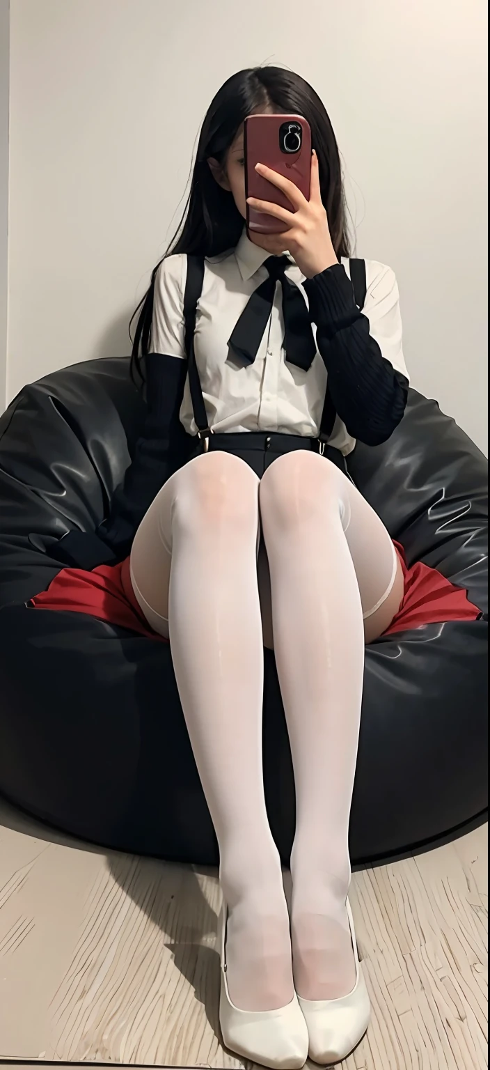 Arakfi sat on the bean bag，Take a selfie with your phone in the mirror, Black socks with suspenders ，blackstockings，lacepantyhose, Anime Barbie in suspender black stockings, Stockings, With black sock suspenders ，blackstockings，lacepantyhose, There are no shoes on the thighs, white with black spots, Wearing white tights, thighs high socks, White tights, wearing in stocking, Beautiful arms and legs, Wearing stockings, close-up on legs