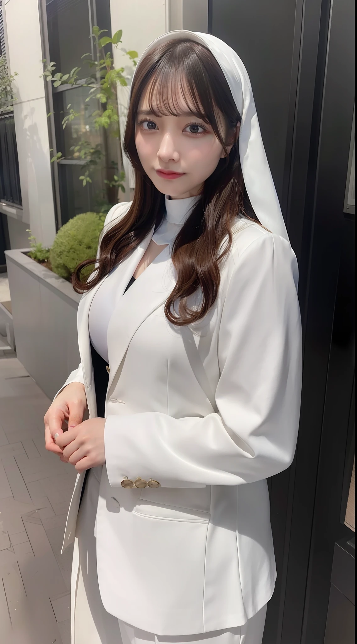 (8k, RAW Photo, Best Quality, Masterpiece: 1.2), (Realistic, Realistic: 1.37), Ultra High Resolution, Photon Mapping, Physically Based Rendering, 1 hijab girl 30 years old, suit, trousers, long curly hair, bangs, big boobs, standing, hospital,