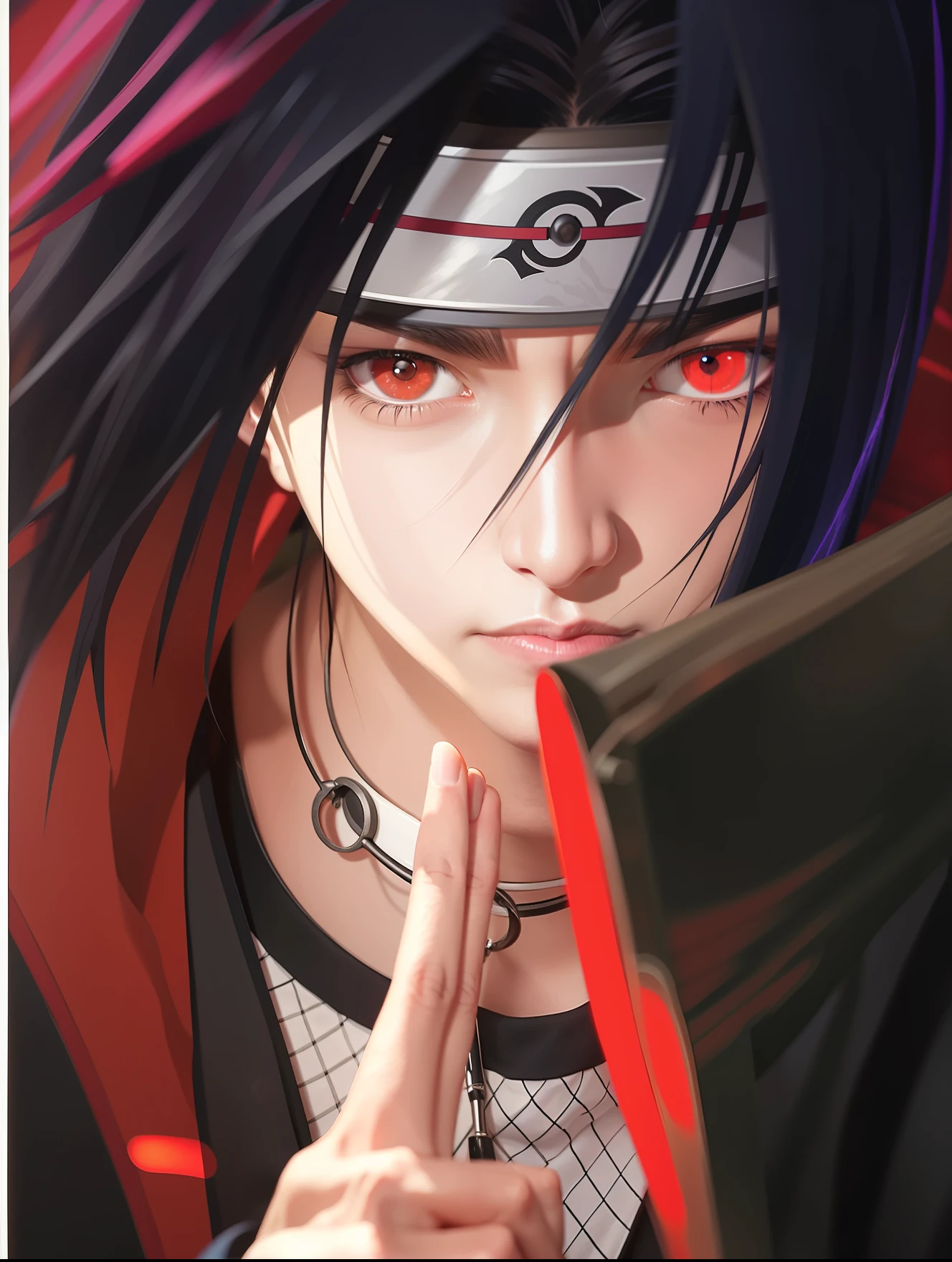 (Masterpiece), Uchiha Itachi (Best Quality), Ultra High Resolution, Professional Artwork, Ultra Detailed, Complex, Detailed Face, Perfect Lighting, 1 Man, Black Hair, (Red Eyes, Glowing Sharingan Eyes), Akatsuki Costume, Ninja, Black Cloak, Black Coat, Forehead Protection, (Collarbone), Mane, Head, Night, Night Sky, Crescent Moon, (Red Moon, Raven), Outdoor, (Cowboy Lens, Long Shot), Serious Expression, (Wrinkle Face Detail: 0.5)
