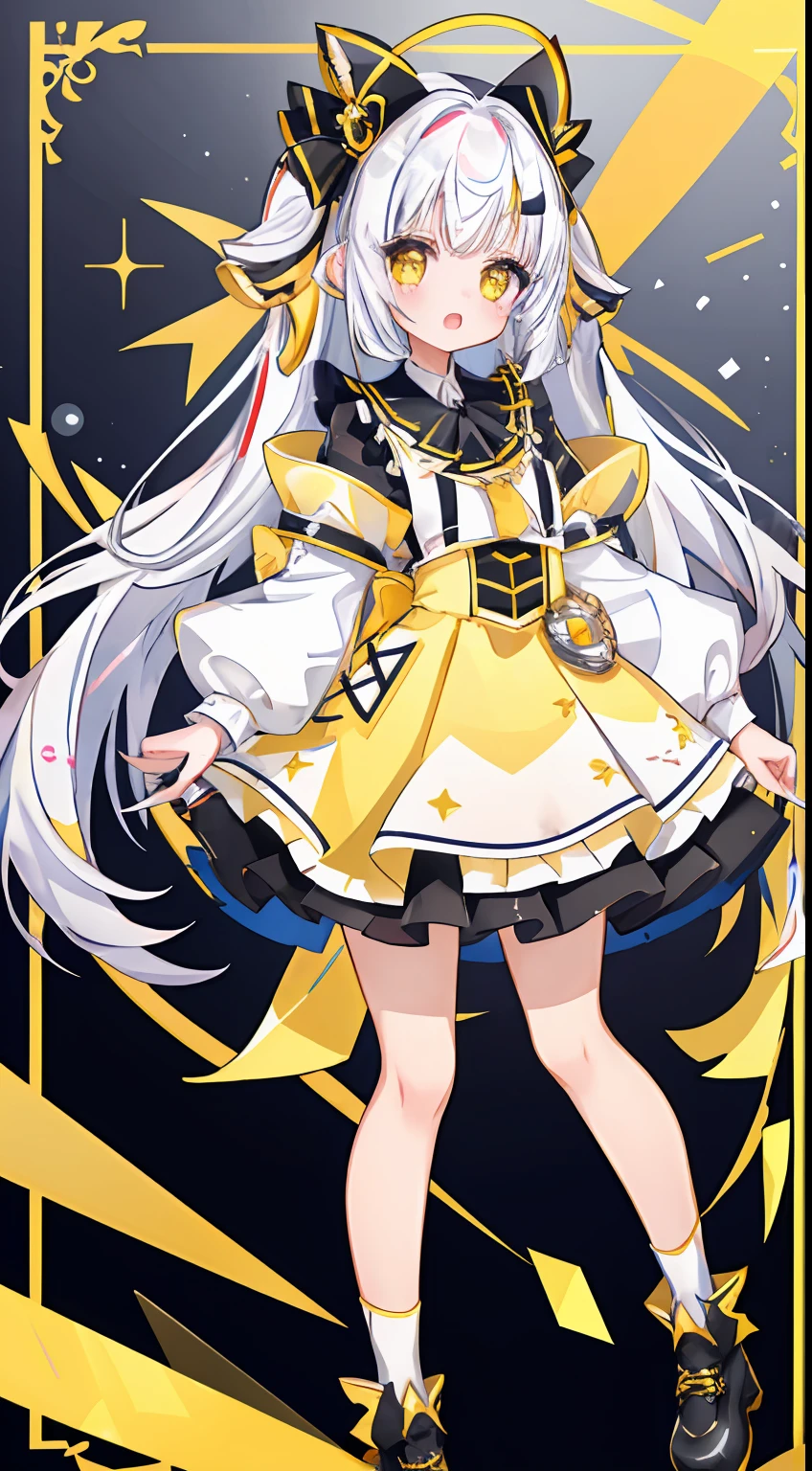 skirt by the、One girl、校服、white  hair、Twin-tailed、black ribbon on the head、yellow  eyes、Glitter、kirakira、beautidful eyes、Beautiful eyes、​masterpiece、Top image quality、top-quality、double tooth、cute little、stele、Pop backgrounds、Standing picture、full body Esbian、