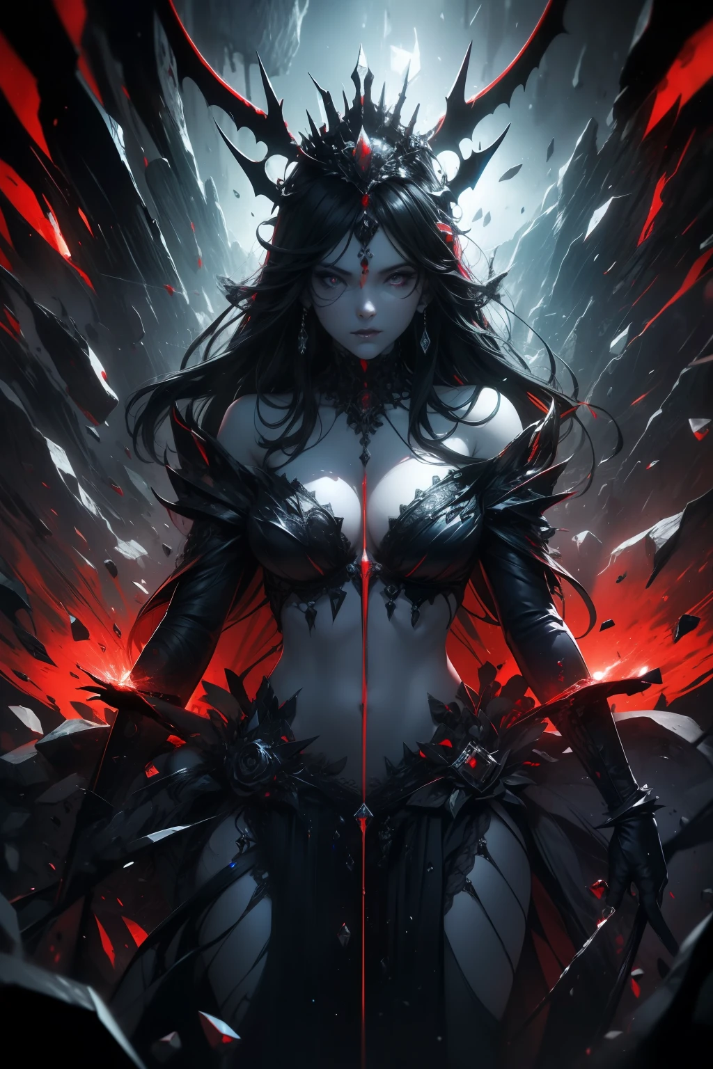Concept 3: Female Demon Queen with Obsidian Scales Description 3: A female demon queen encased in jagged obsidian scales, The crown of sin burning with blue flames was worn by her on her head, emerges from blue hellfire,Surrealism, 3D, Unreal Engine hyperdetailed, 16k resolution, nature lighting,Accent lighting,Red flowers surround the figure,(Picture of broken glass:1.1),multiple exposure,Split screen,Red Moon Exposed,